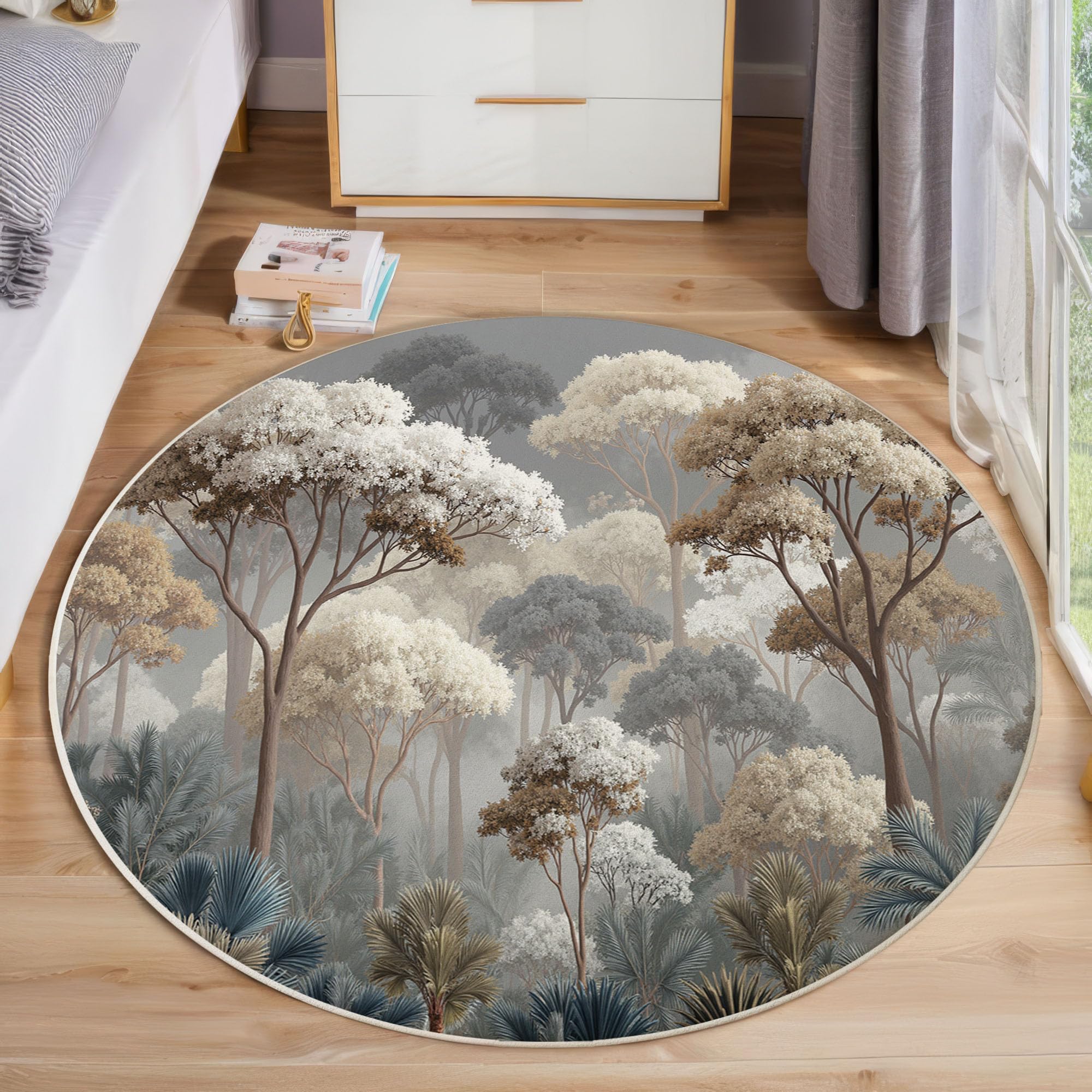 Tapis de chambre lavable rond 160 cm gris anti-glisse jungle
