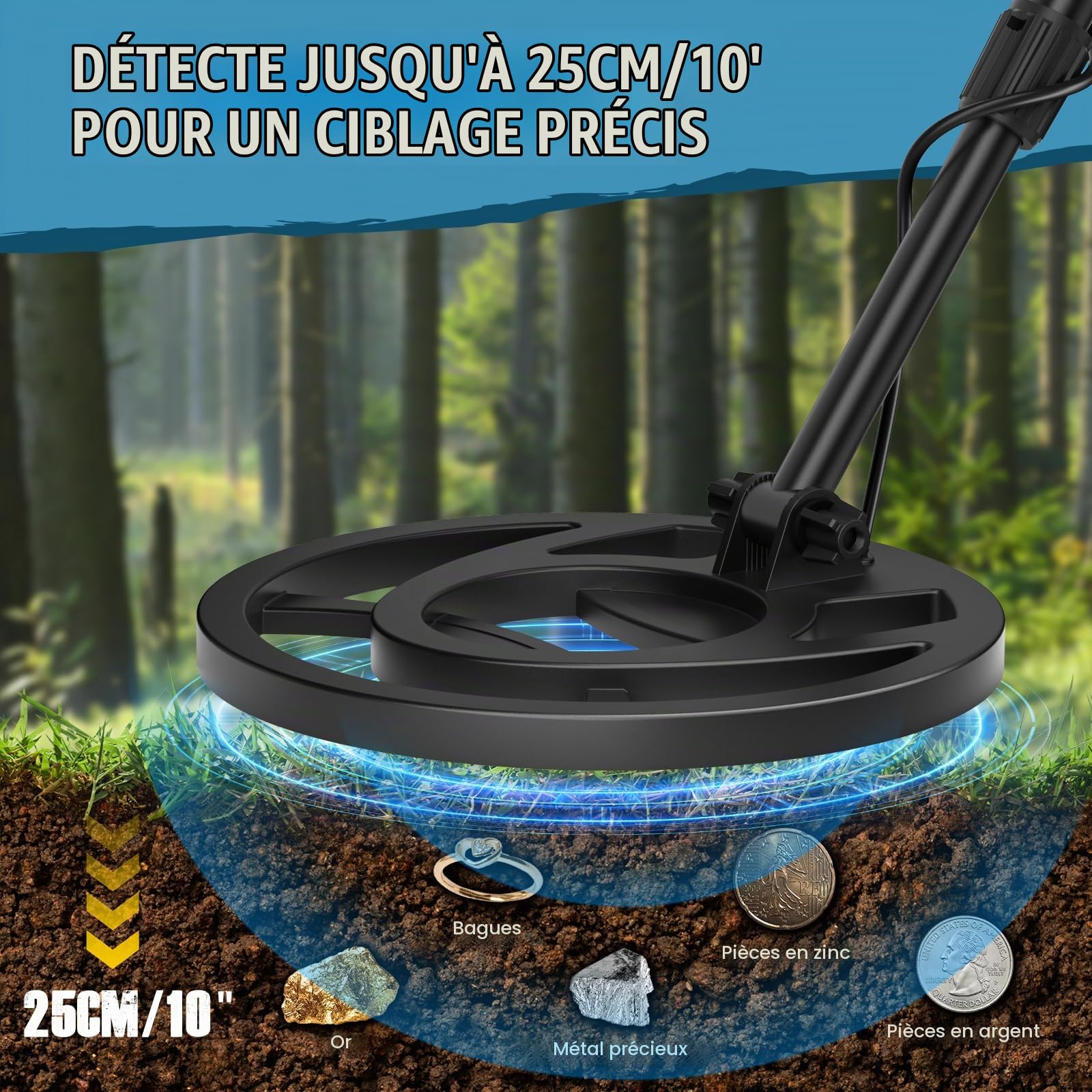 Détecteur de métaux pour adultes et enfants, longueur, sensibilité et audio réglables, tous les modes métal/DISC/PP, écran LCD, kit de détecteur d'or professionnel pour la plage, le jardin et la chass