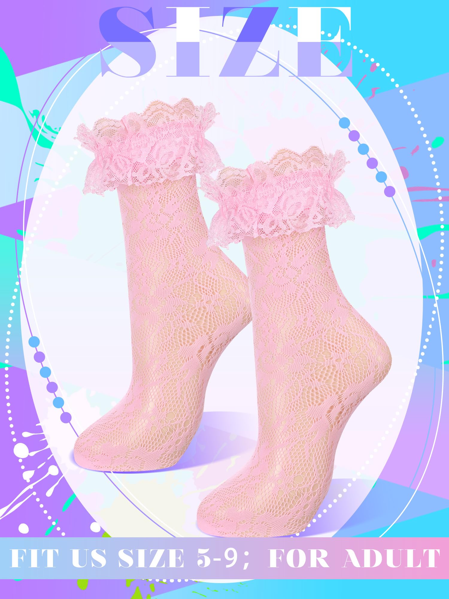 Geyoga 4 Pairs Lace Ruffle Frilly Ankle Socks Women Lace Cute Dress Socks for Women Ladies Princess Accessories: 5-9 Blue, Purple, Light Yellow, Pink
