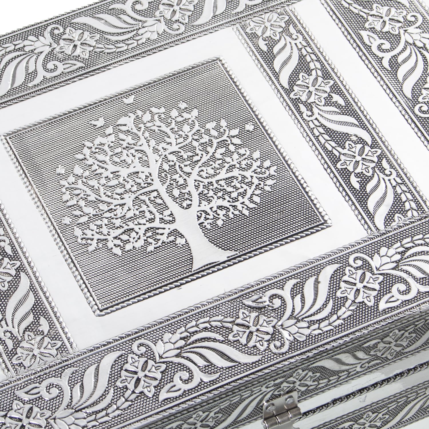 Joyero con Espejo de Metal arbol de la Vida en Plateado 20x38x8 cm