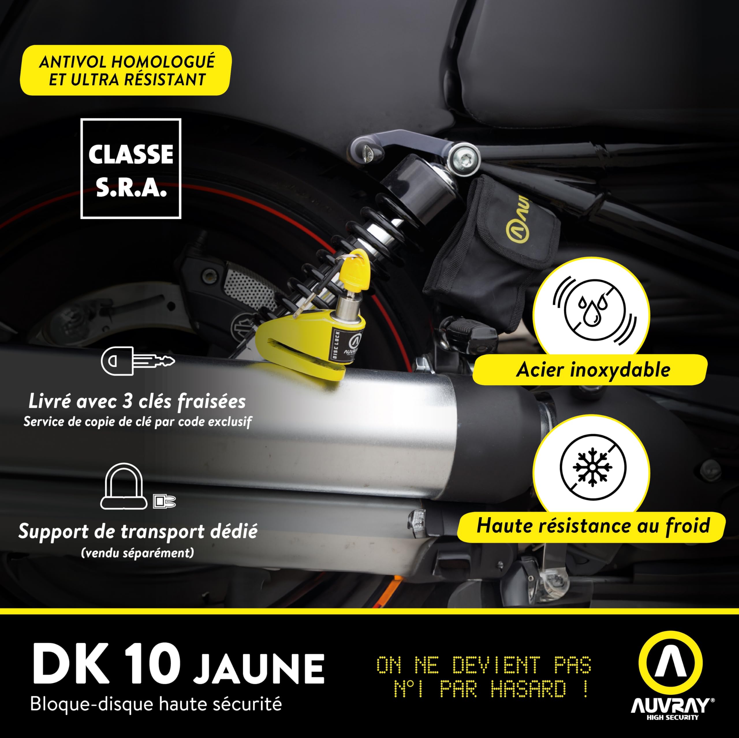 AUVRAY - Antivol moto bloque disque - BLOCK DISC DK-10 - Haute securité - Certifié SRA -Recommandé par les assurances - Technologie Anti-Crochetage et Anti -Sciage - Protection renforcée