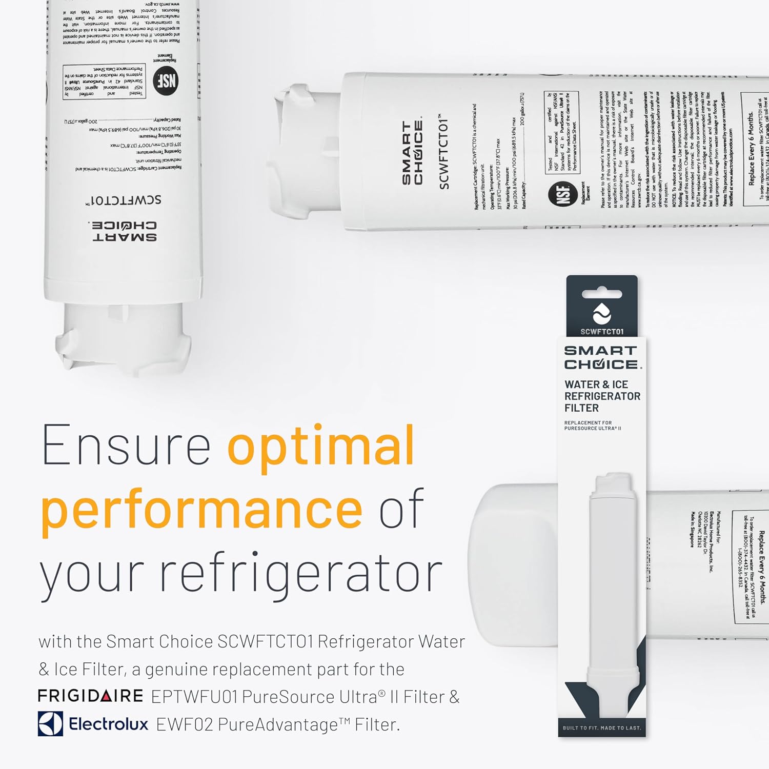 Smart Choice SCWFTCTO1 Refrigerator Water & Ice Filter, Genuine Replacement for Frigidaire EPTWFU01 PureSource Ultra II and Electrolux EWF02 PureAdvantage