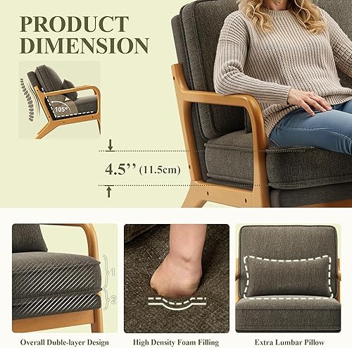 Miniatura 4 de Silla decorativa moderna con almohada lumbar, sillón relajante de mediados de siglo con marco de madera maciza y cojín suave, sillón de lectura para