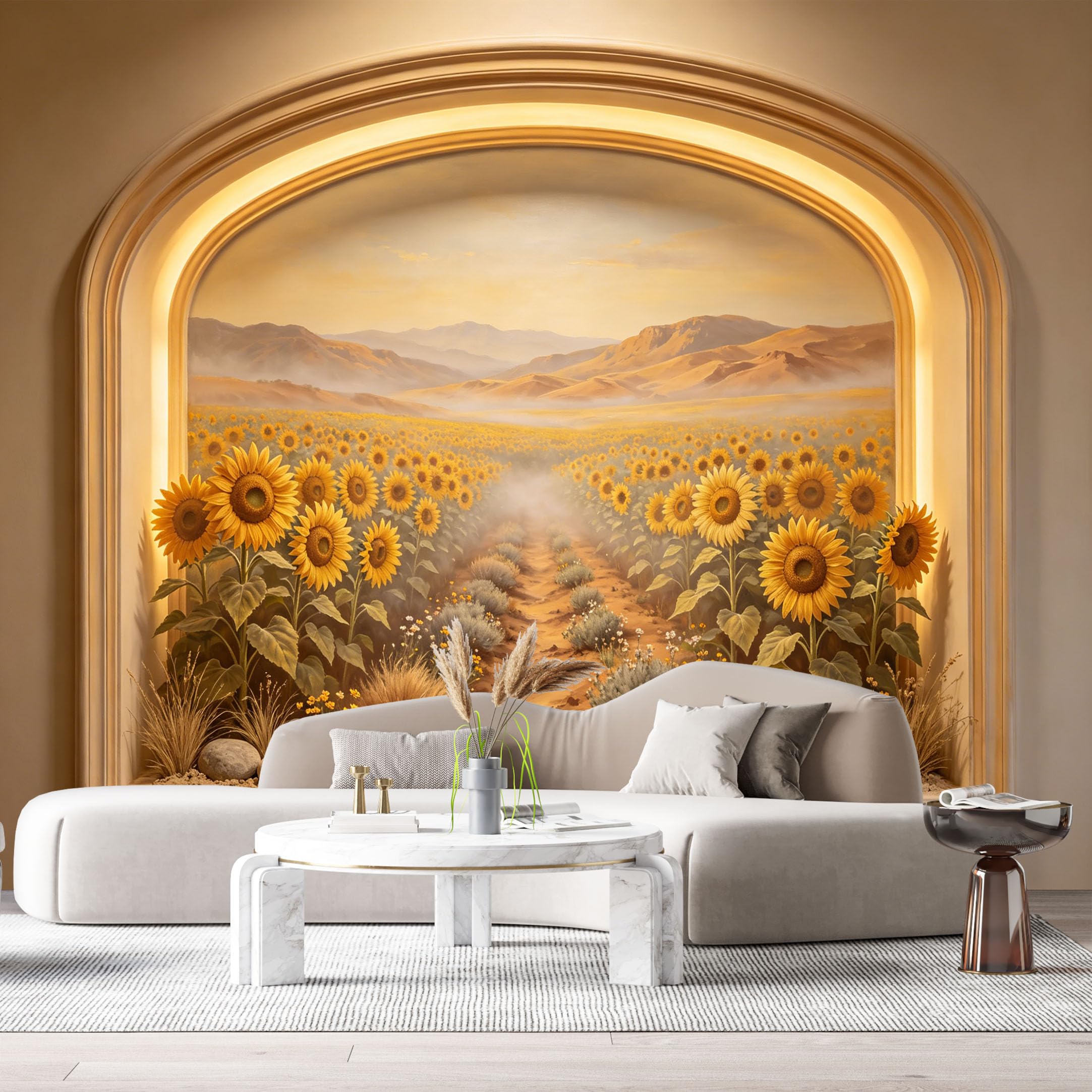 Custom Size Wall Murals Sunflower Field Mountain Landscape Oil Painting 3D Trompe L'Oeil SelfAdhesiveWall Fabric Removable Wallpaper Wall Decor for Living Room Bedroom Bathroom