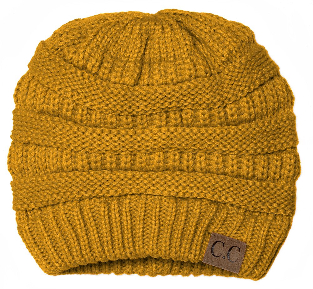 Black Thick Slouchy Knit Oversized Beanie Cap Hat,One Size,Mustard