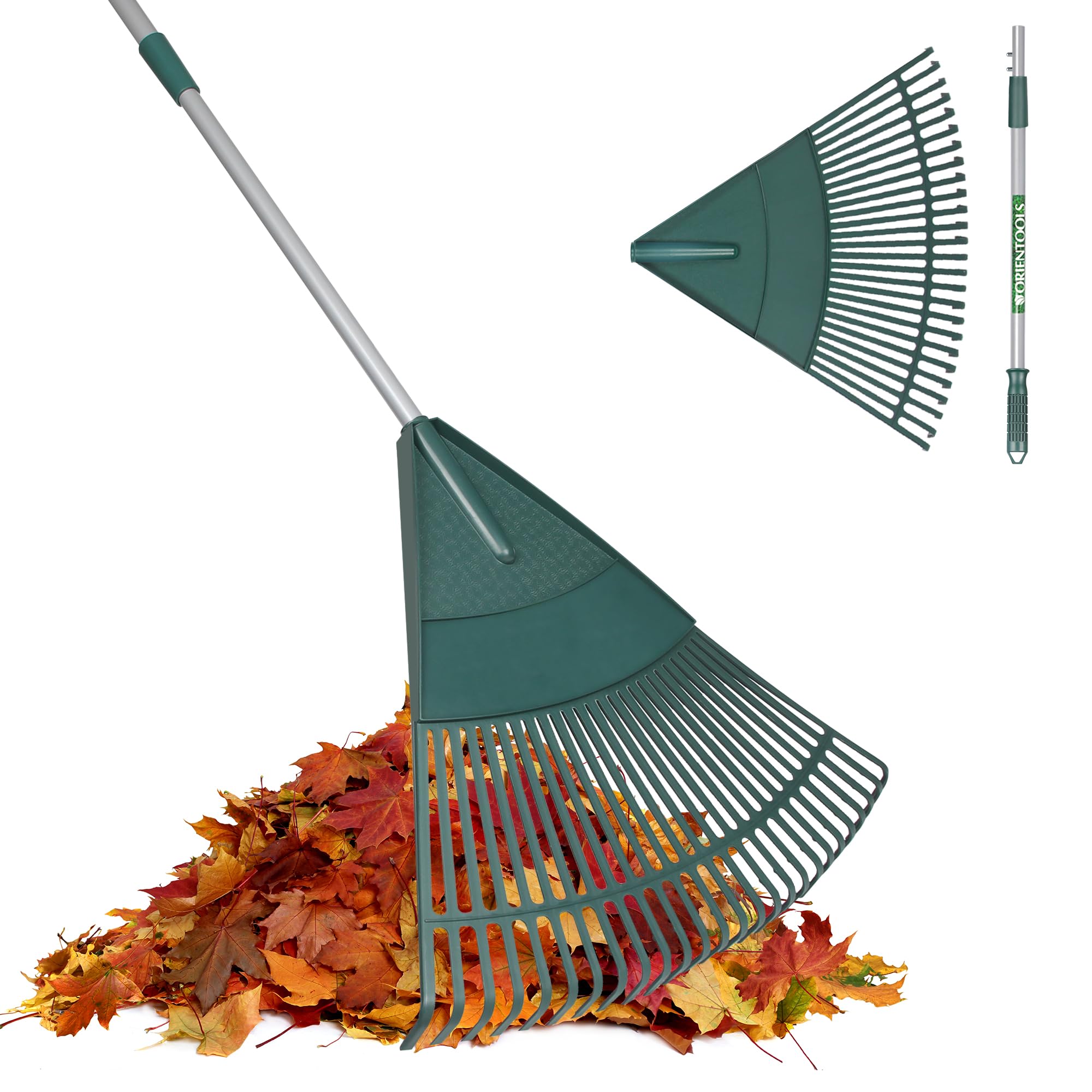 ORIENTOOLS Rastrillo de Hojas de Jardín, Mango de Acero Ligero Ajustable, Cabeza de Plástico, Rastrillo de Arbustos de Polietileno, 26 Dientes, 110 a 168 cm (Mango Plateado)