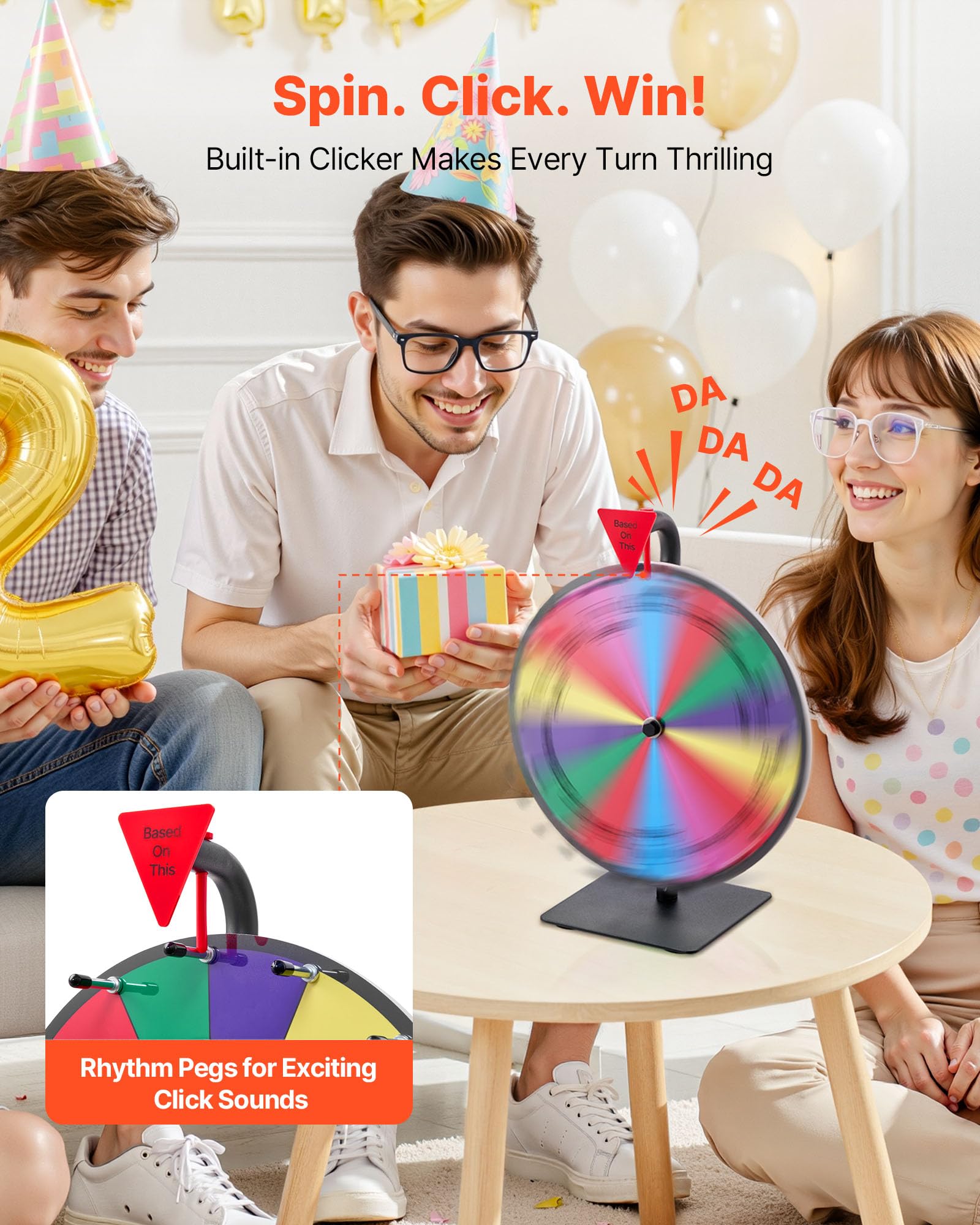 VEVOR Glücksrad Drehrad (305 mm) 14 Slots Glücksrad mit Ständer, Lotteriespiele Gewinn-Roulette mit Tafelschwamm & 2 Markern, 6 Farben, Spinning Prize Wheel ideal für Party Kneipe Messe