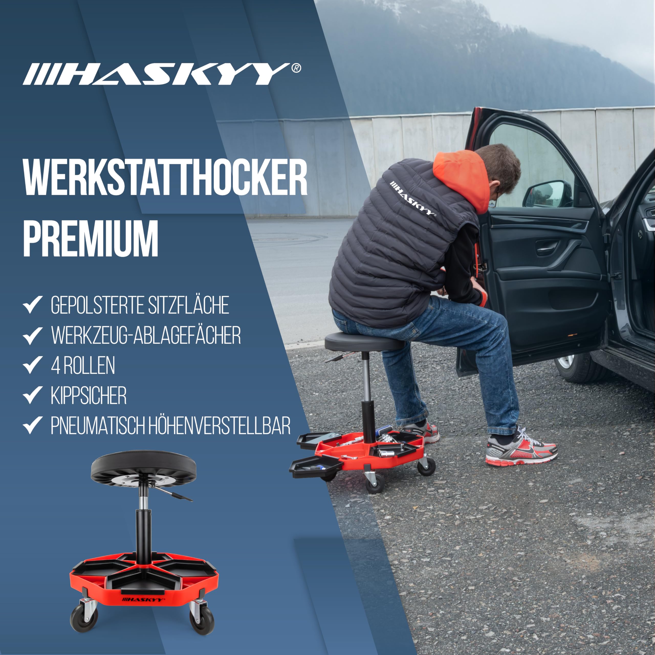 HASKYY Werkstatthocker Arbeitshocker Praxishocker 43-58cm - Bis 150kg belastbar - Gepolsterter Werkstattsitz mit 360° Rollen & Ablagefächern Schwarz/Rot