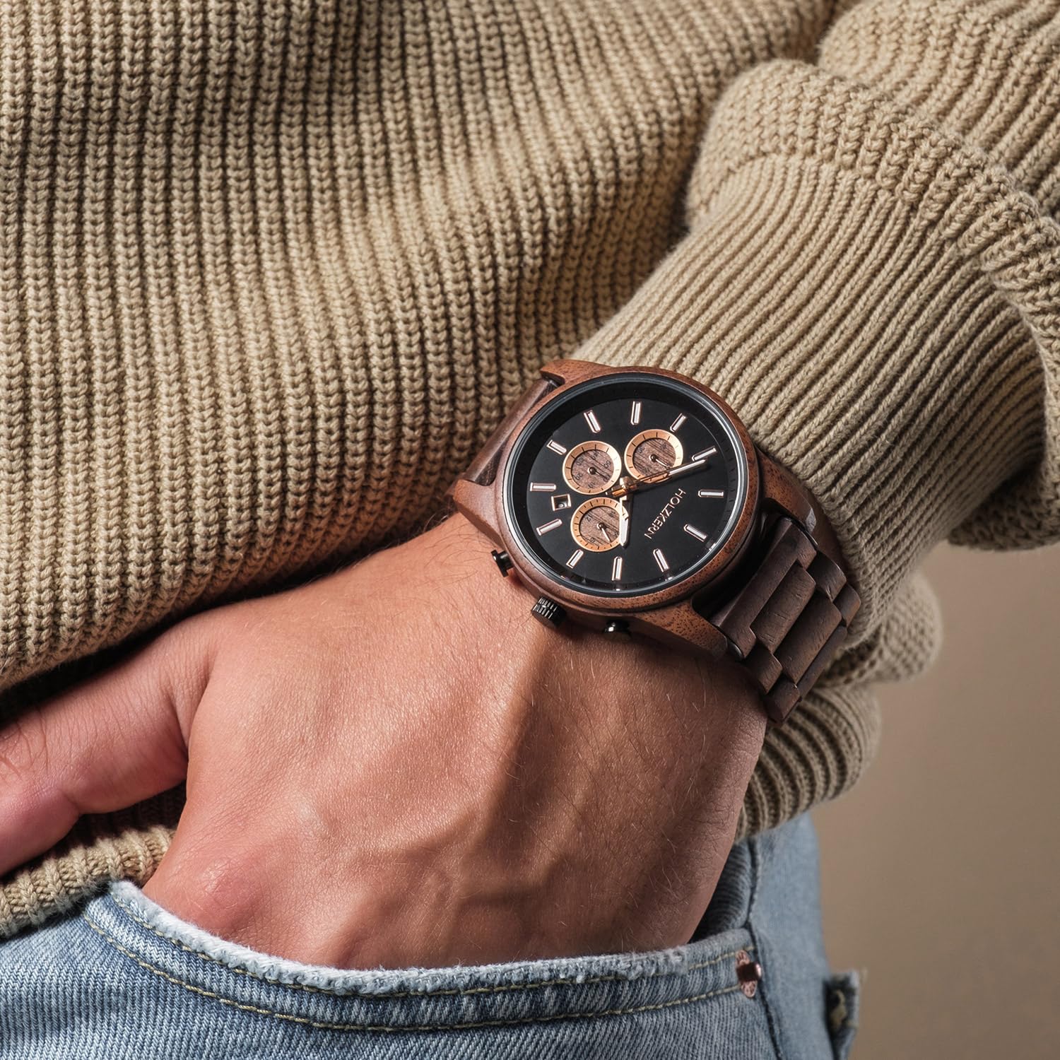 HOLZKERN Herrenuhr Quarz Chronograph Buschwerk Walnuss/Marmor 9010631016364 | Armbanduhr mit japanisches Quarzwer und Zifferblatt aus schwarzem Marmor