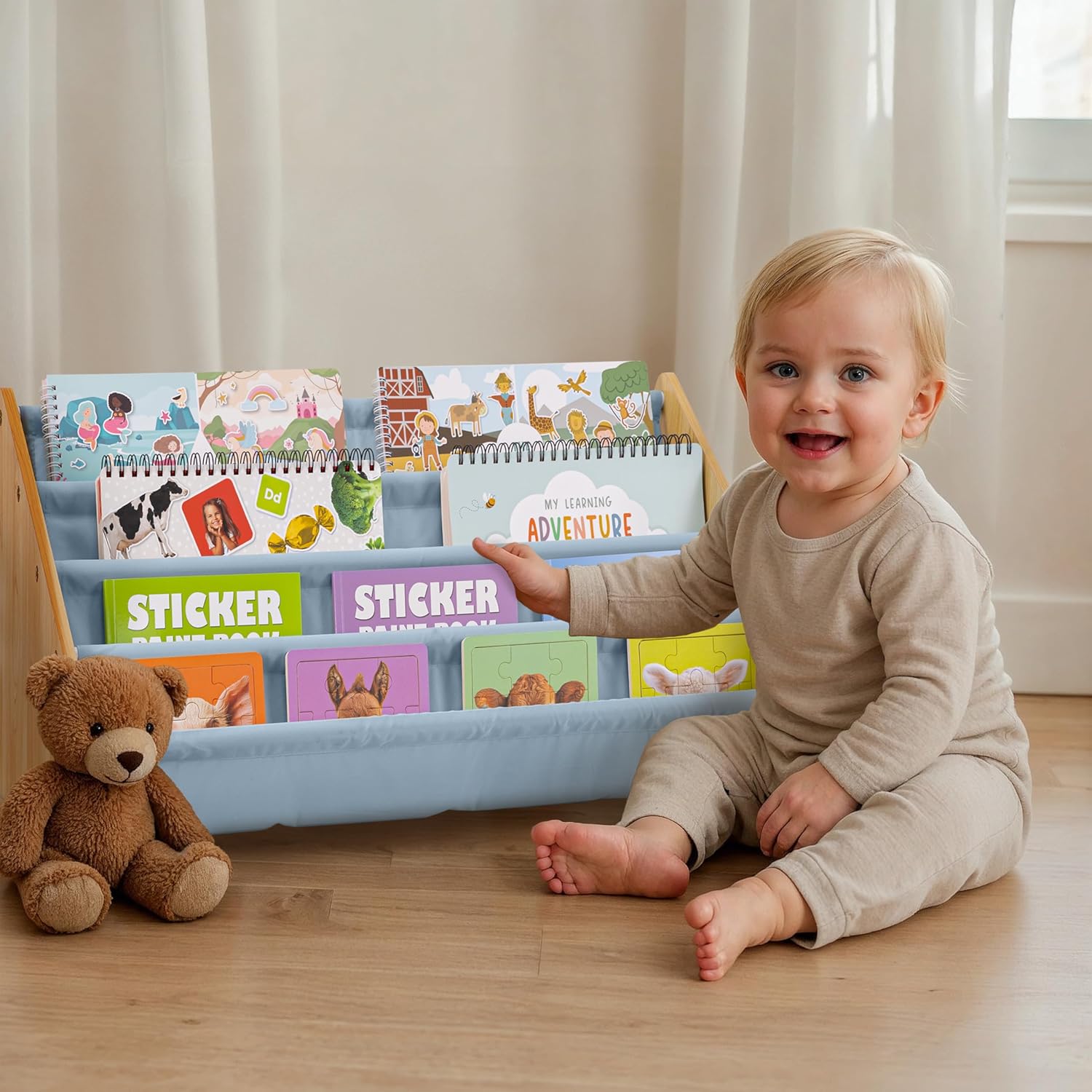 ZICOTO Decorative Wooden Bookshelf for Kids Rooms - Keeps Plenty of Books Neatly Organized & Within Reach for Toddlers - Easy Install Montessori Book Shelf for Baby's Bedroom or Playroom Decor Blue