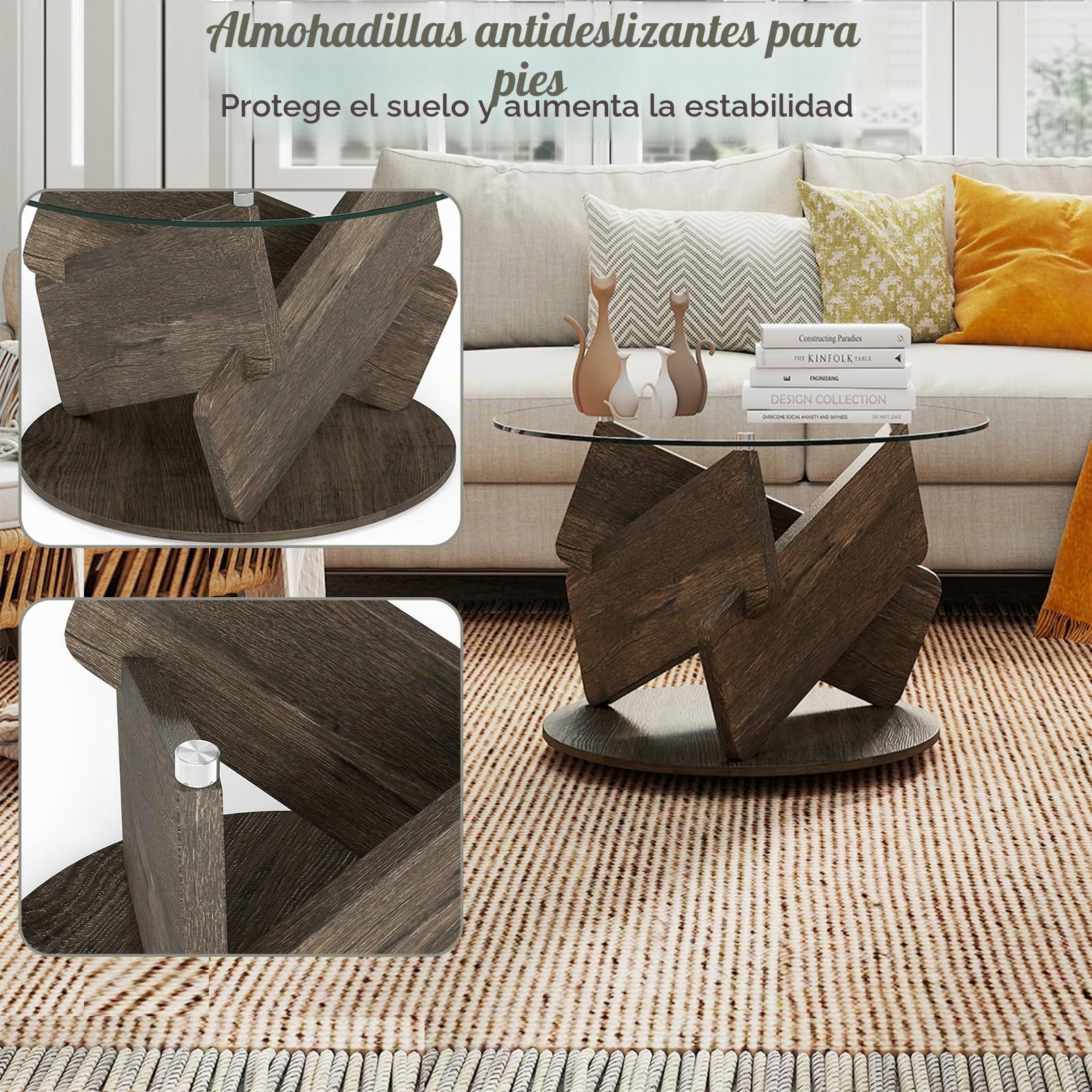 LIFEZEAL Mesa de Centro Redonda con Tapa de Vidrio Templado Transparente，Mesa Auxiliar Moderna Decorativa con Patas de Madera Sólida, Mesita Auxiliar Rústica para Espacios Pequeños (Gris)