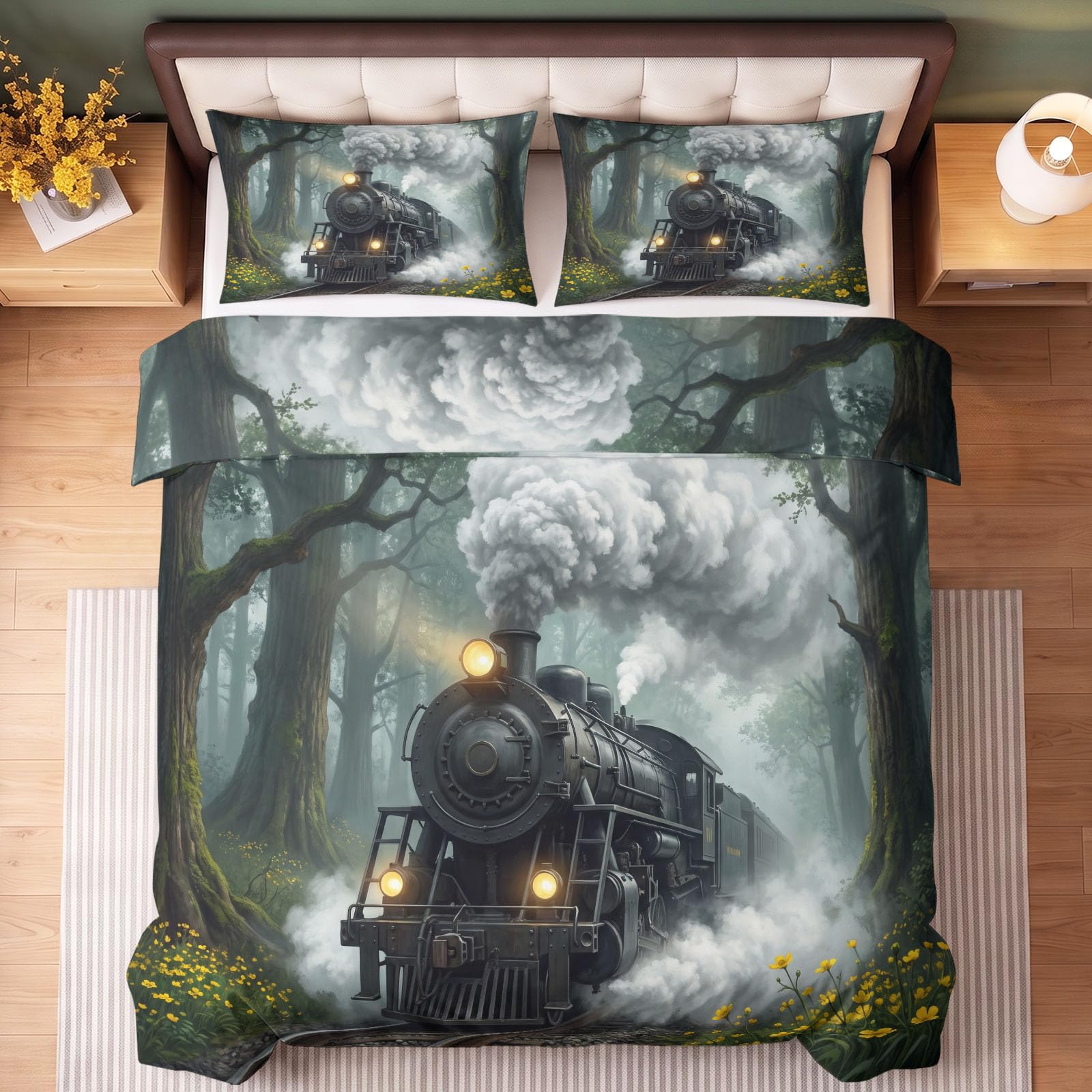 Antracytowy zestaw pościeli z motywem leśnego pociągu parowego, 2 poszewki