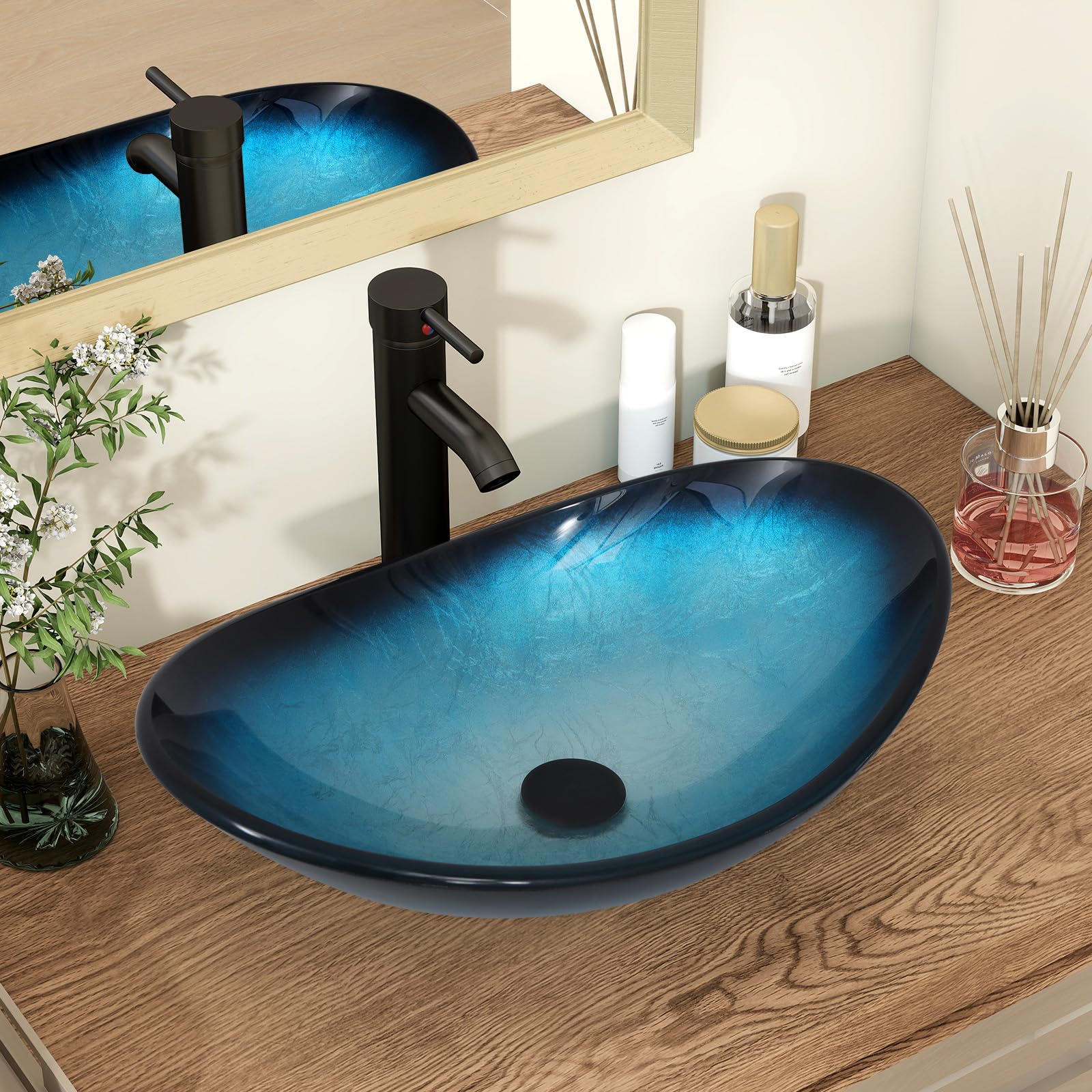YU YUSING Ensemble Complet- Lavabo Ovale en Verre avec Robinet, Vasque à Poser, Lave-Mains, pour Salle de Bain, Cuisine, WC d'invités, Bleu Moderne, 53 x 35 x 16 cm