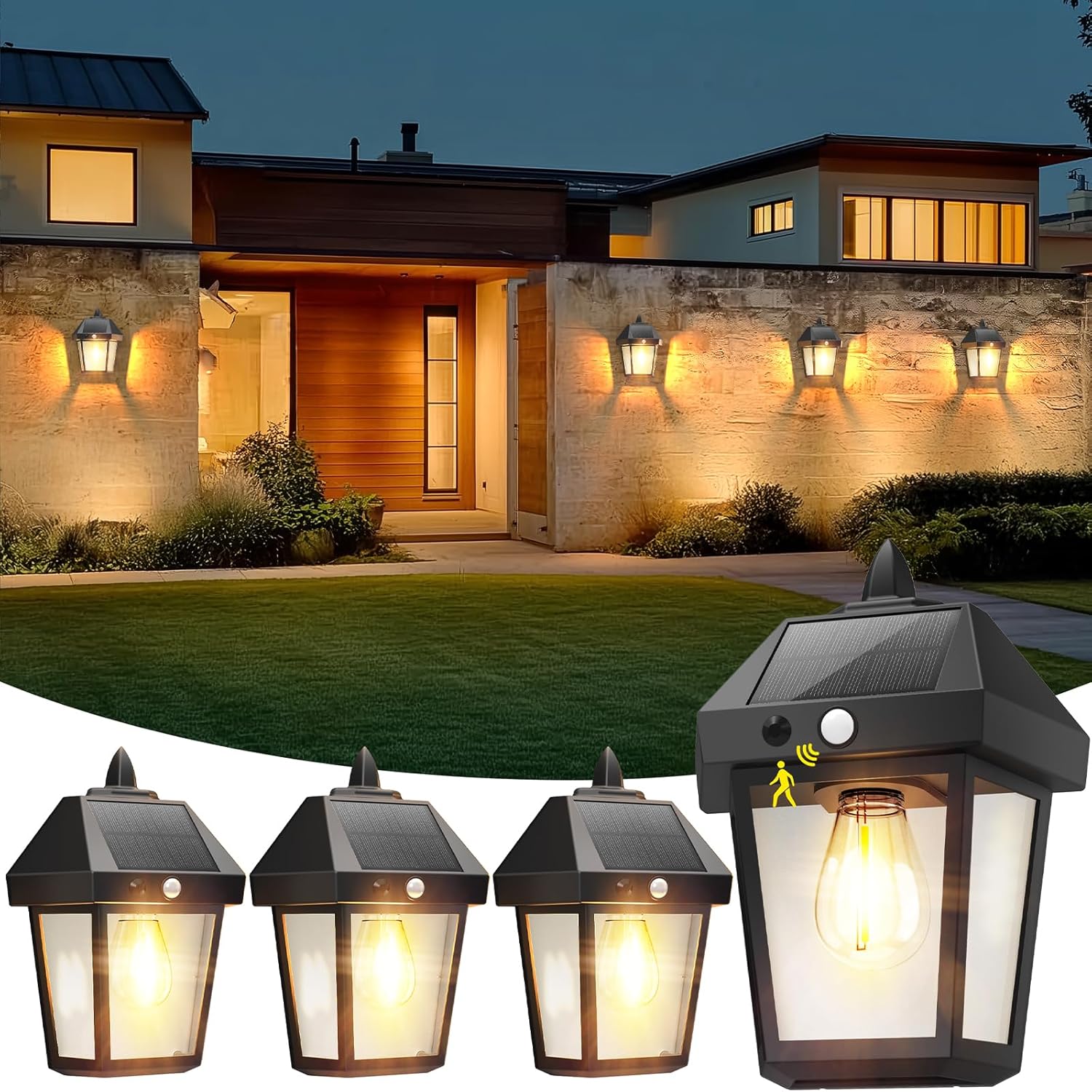 DERAYSION 4 Pack Solar Wall Lanterns,9 Inch Solar Porch Light with Motion Sensor, 3 Mode Adjustable Brightness Waterproof Outdoor Wall Lights for Porch Door Patio Fence Garage