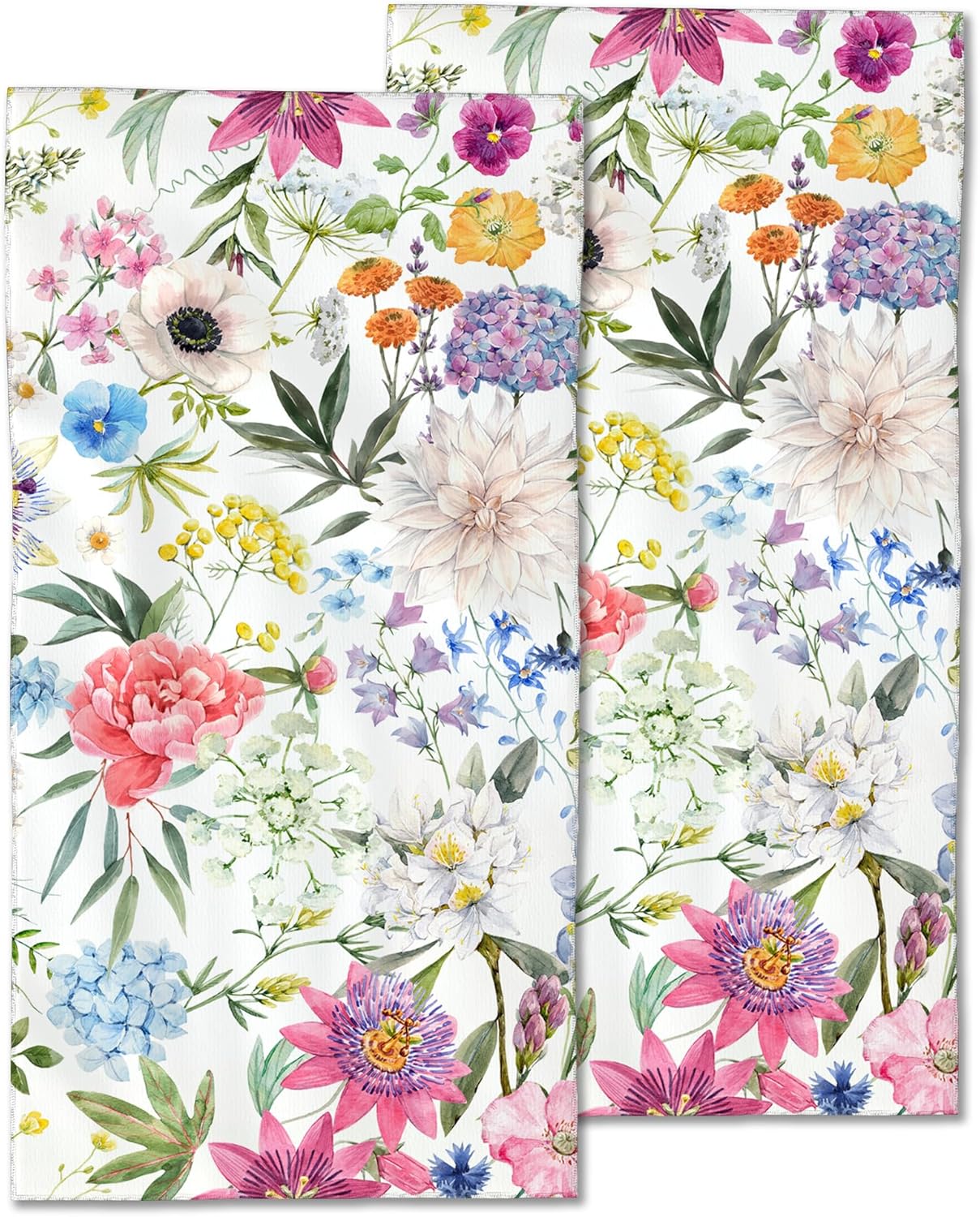 Watercolor Floral Hand Towels Set of 2, Summer Flowers Fingertip Polyester Cotton Soft Bath Towels for Bathroom Kitchen Hotel Spa 14"X28"