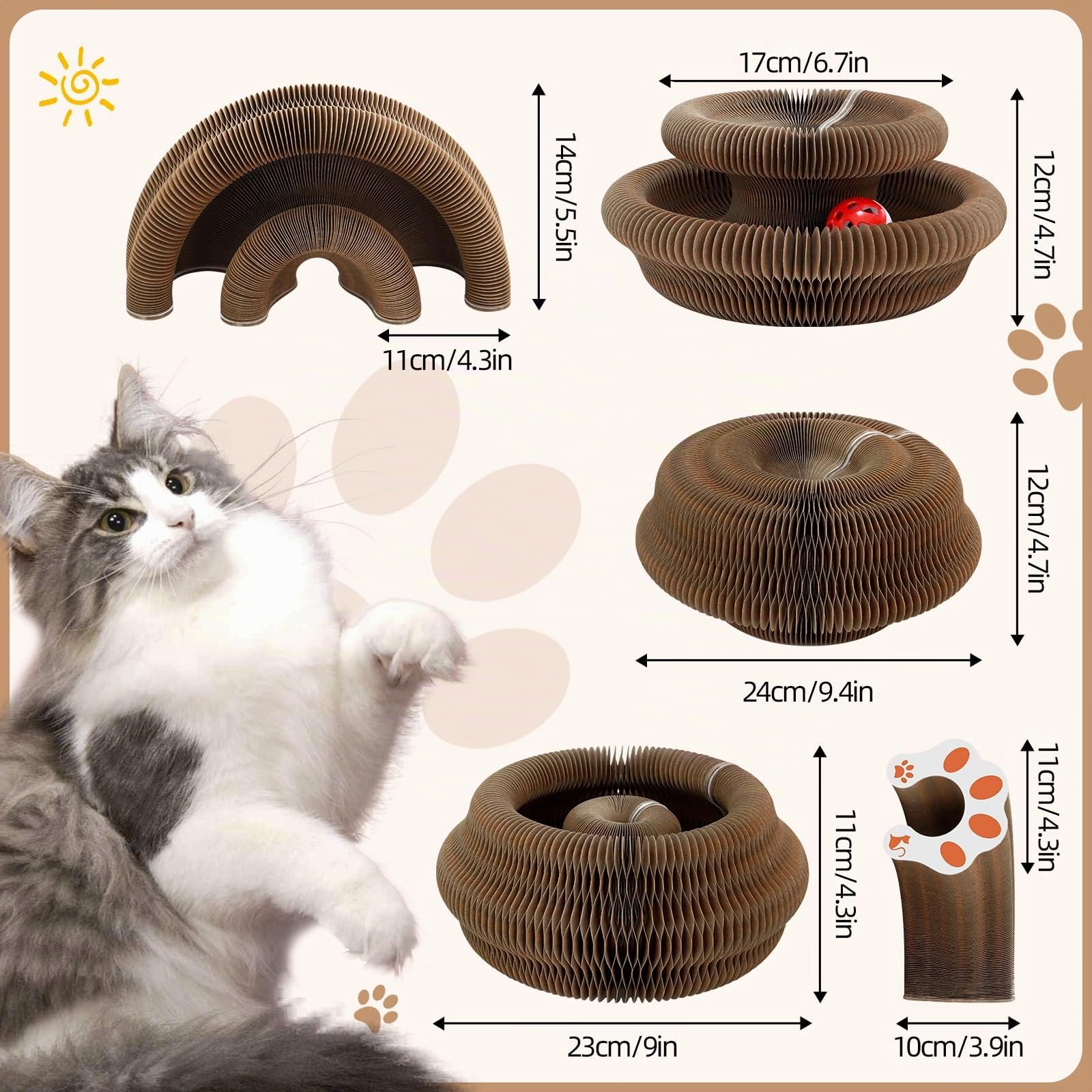 Mittimiya Rascador para Gatos Carton, 2 en 1 Magic Organ Cat Scratching Board Plegable, Cat Scratcher con Bola de Juguete, Tabla de Rascar para Gatos de Cartón Corrugado para Interiores y Exteriores