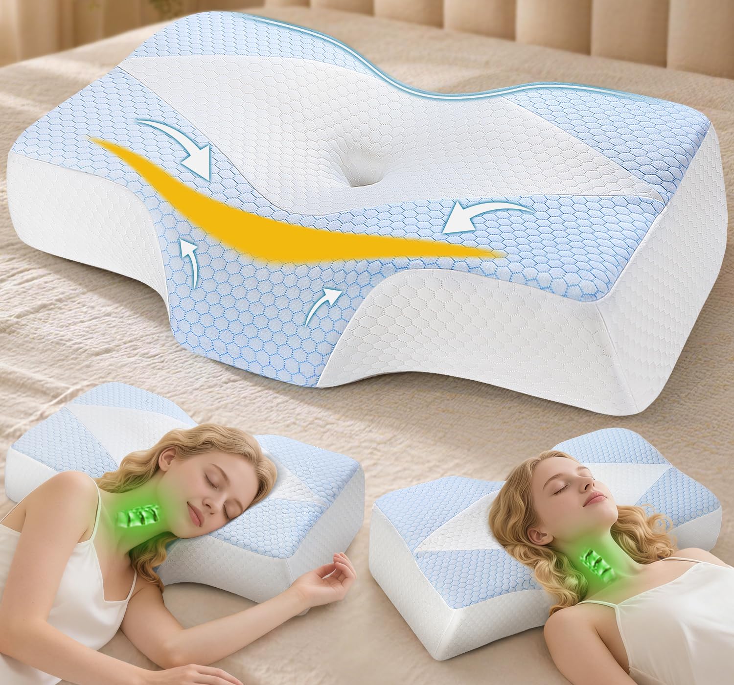Hypuno Nackenstützkissen gegen Nackenschmerzen, orthopädisches Kopfkissen, ergonomisches Memory Foam Nackenkissen mit 2 Höhen, Hohlraum & kühlendem Bezug, für Seiten- und Rückenschläfer - Hellblau