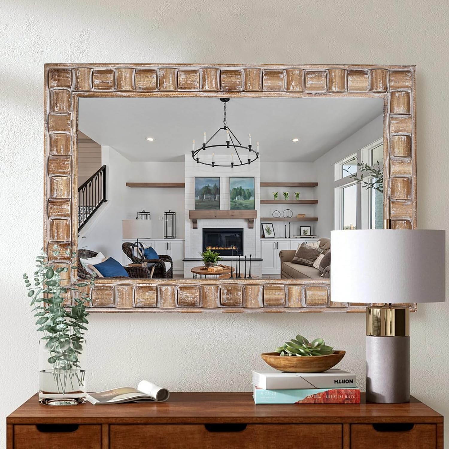 36x24 Inch Rustic Rectangle Wall Mirror - Solid Wood Frame Bathroom Vanity Mirror for Over Sink, Entryway, Living Room & Bedroom