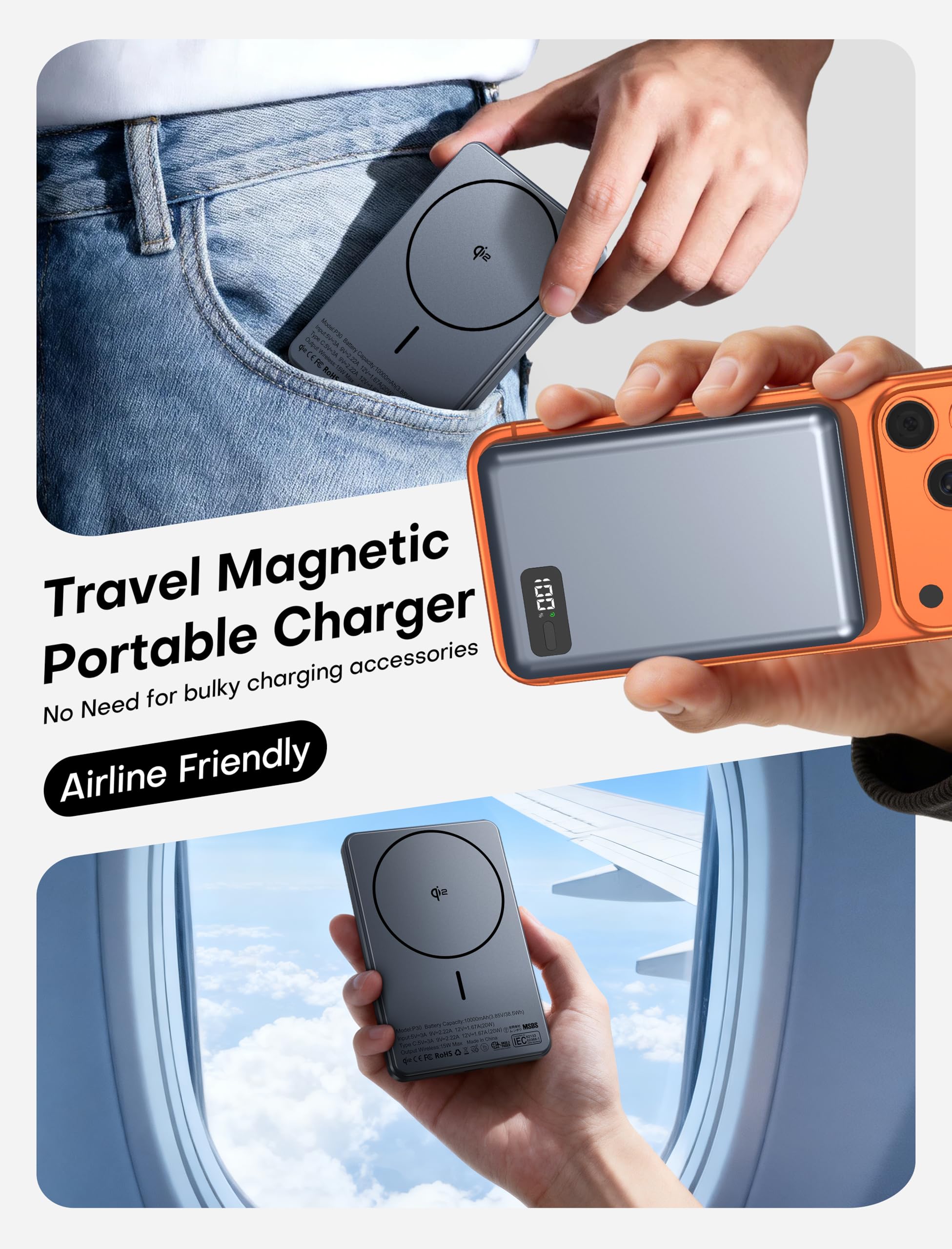 Enyneo Mag.Safe Portable Charger, 10000mAh Battery Pack - Qi2 Certified, 22.5W Fast Charging Wireless Magnetic Power Bank for iPhone 17/ Air/ 16/15/14/13/12 Series, Travel Camping Essential-Grey — view 7
