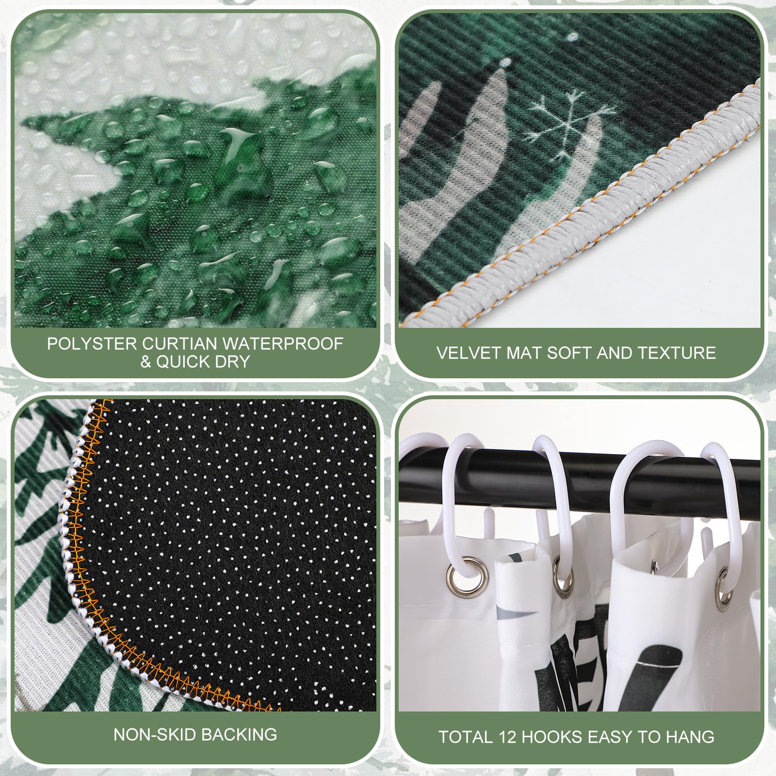 Juego de 7 cortinas de ducha de Navidad, color rosa y verde, con diseño de árbol de Navidad, cortina de ducha impermeable con alfombra antideslizante, toallas, tapa de inodoro, tapete de 6