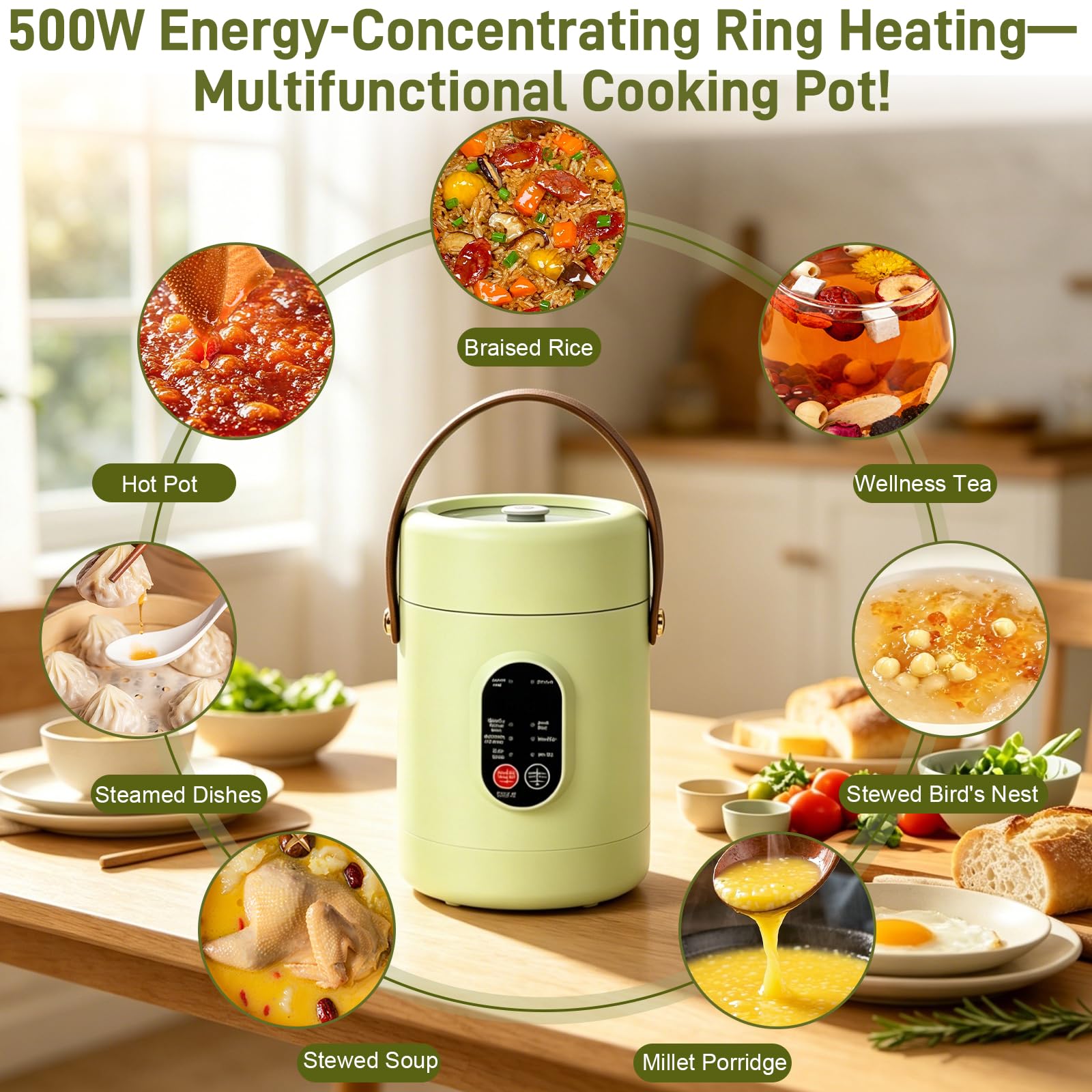 Olla eléctrica portátil de 1,2 L, con cesta vapor de acero inoxidable, cocina de viaje multifunción de 500 W, 8 funciones y temporizador inteligente 12 h, ideal para pasta, sopas y olla caliente