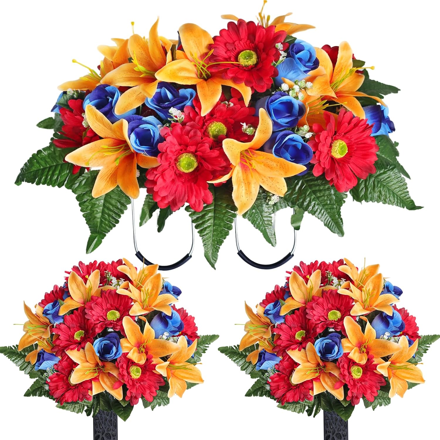 3 PCS Artificial Cemetery Flower Saddles, Cemetery Memorial Flowers with Vase for Outdoor Grave Tombstone Decorations, Lily Rose Gerbera Headstone Flowers Saddle