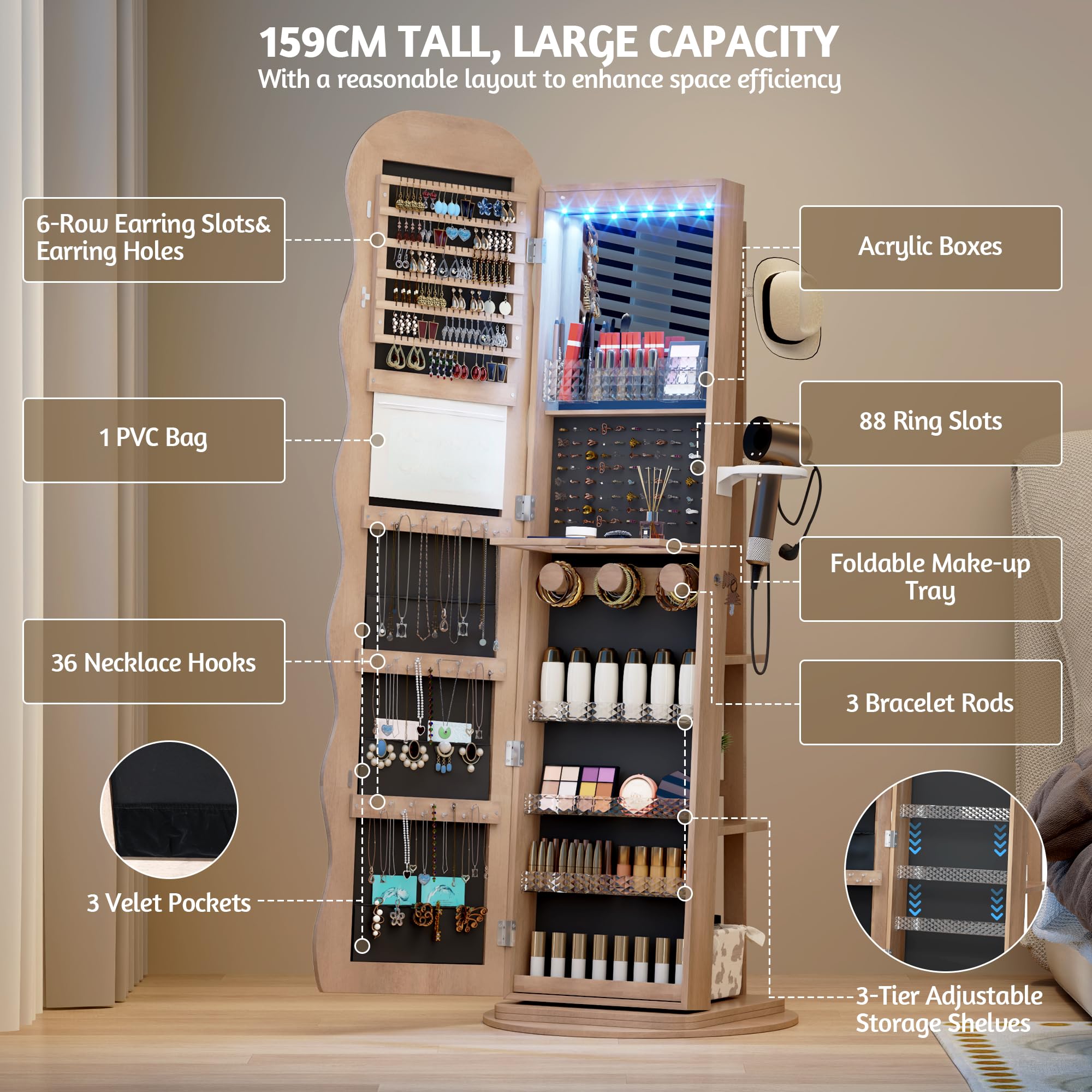 LVSOMT Armoire à bijoux LED avec Miroir Ondulé, Rotative à 360° Armoire à bijoux Verrouillable, Armoire Miroir Debout pour Salon et Chambre à coucher, étagère à 3 niveaux et 3 crochets, Bois Naturel