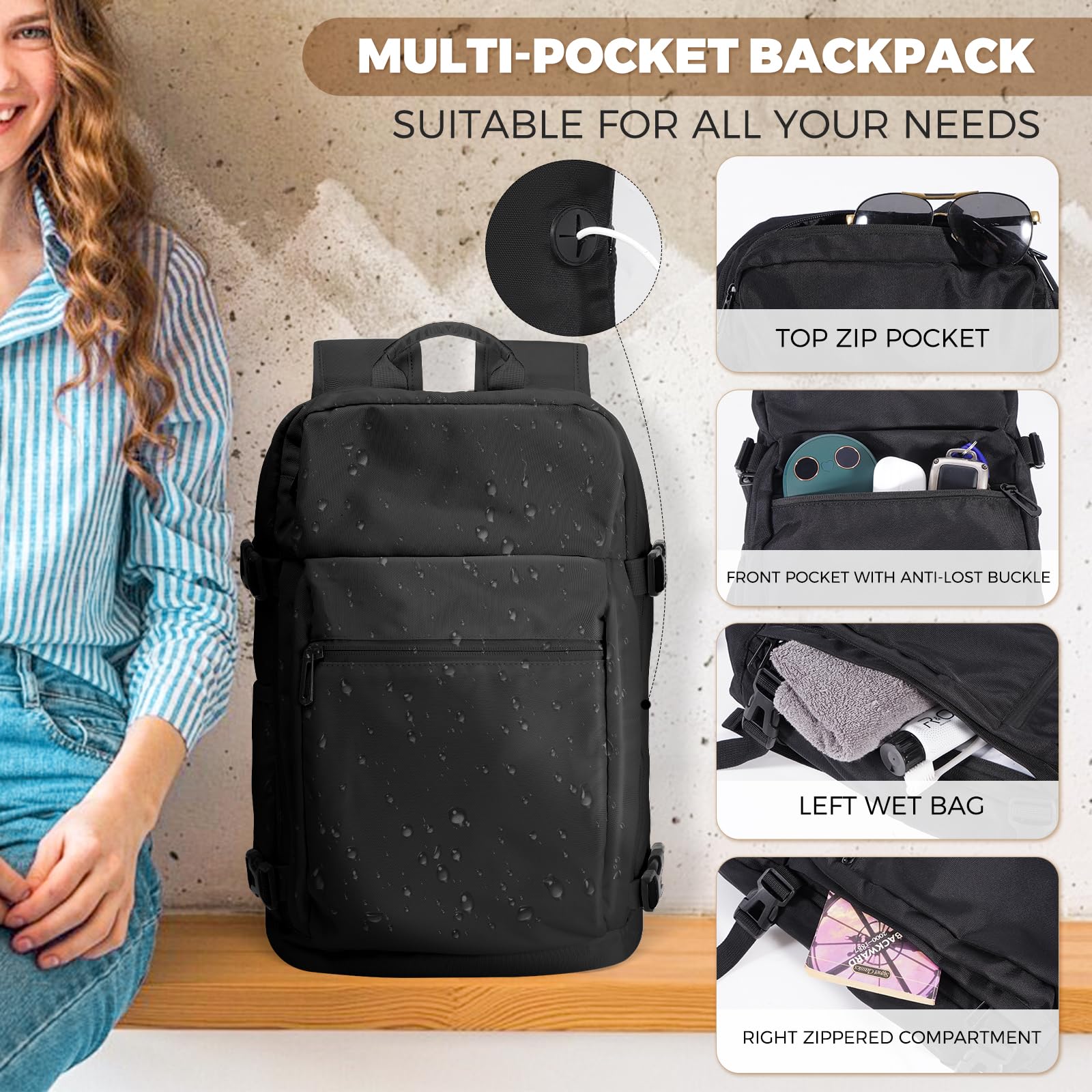 Gluckstar Zaino per Easyjet 45x36x20 Zaino da Viaggio Bagaglio a Mano,30L Borsa da Valigia Zaino da Viaggio Aereo Cabina, 17 Pollici Zaino Porta Pc Zainetto Donna Uomo Travel Backpack Grande Nero