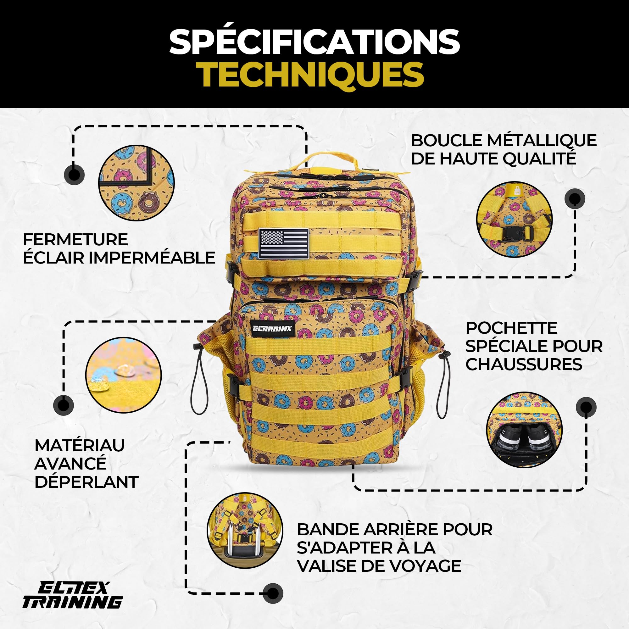 ELITRAINX Elitex Training 45L Sac à dos tactique militaire USA imperméable pour sport, avion de cabine, entraînement croisé, sport de plein air et gym portable, jaune, 45 Litros, Tactique