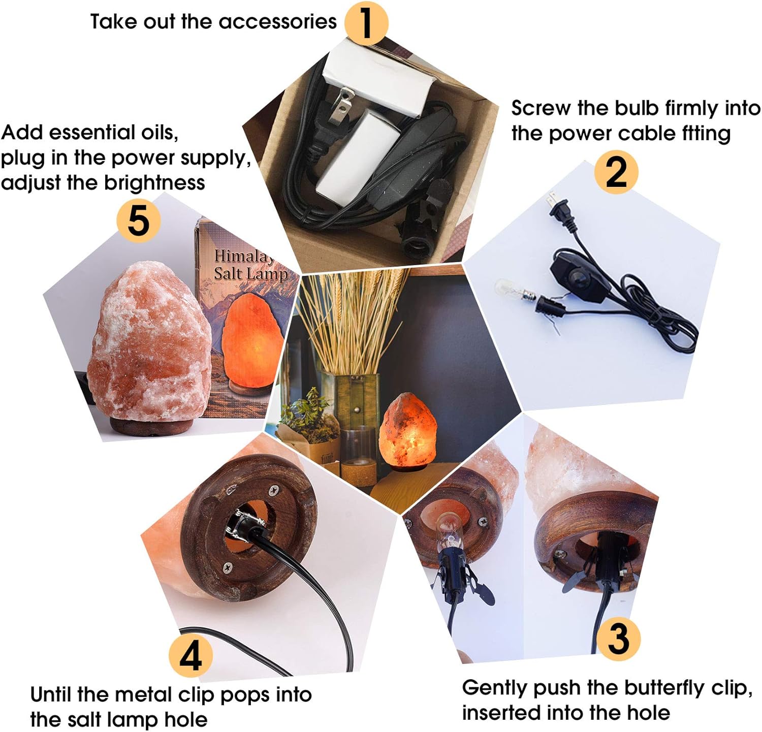 AMOYSTONE Portable Salt Lamp 6-7 Inch, Natural Himalayan Crystal with Wood Base & Dimmer(4-6 lbs)