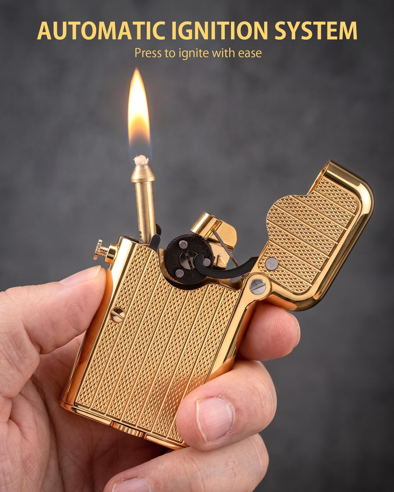 THORENS Gen 7 - Single Claw - TELEFLAM - Fluted Gold Mechero de Queroseno | Latón, llama suave automática, brazo telescópico para cazoleta de pipa, bloqueo seguro, caja regalo, regalo hombre