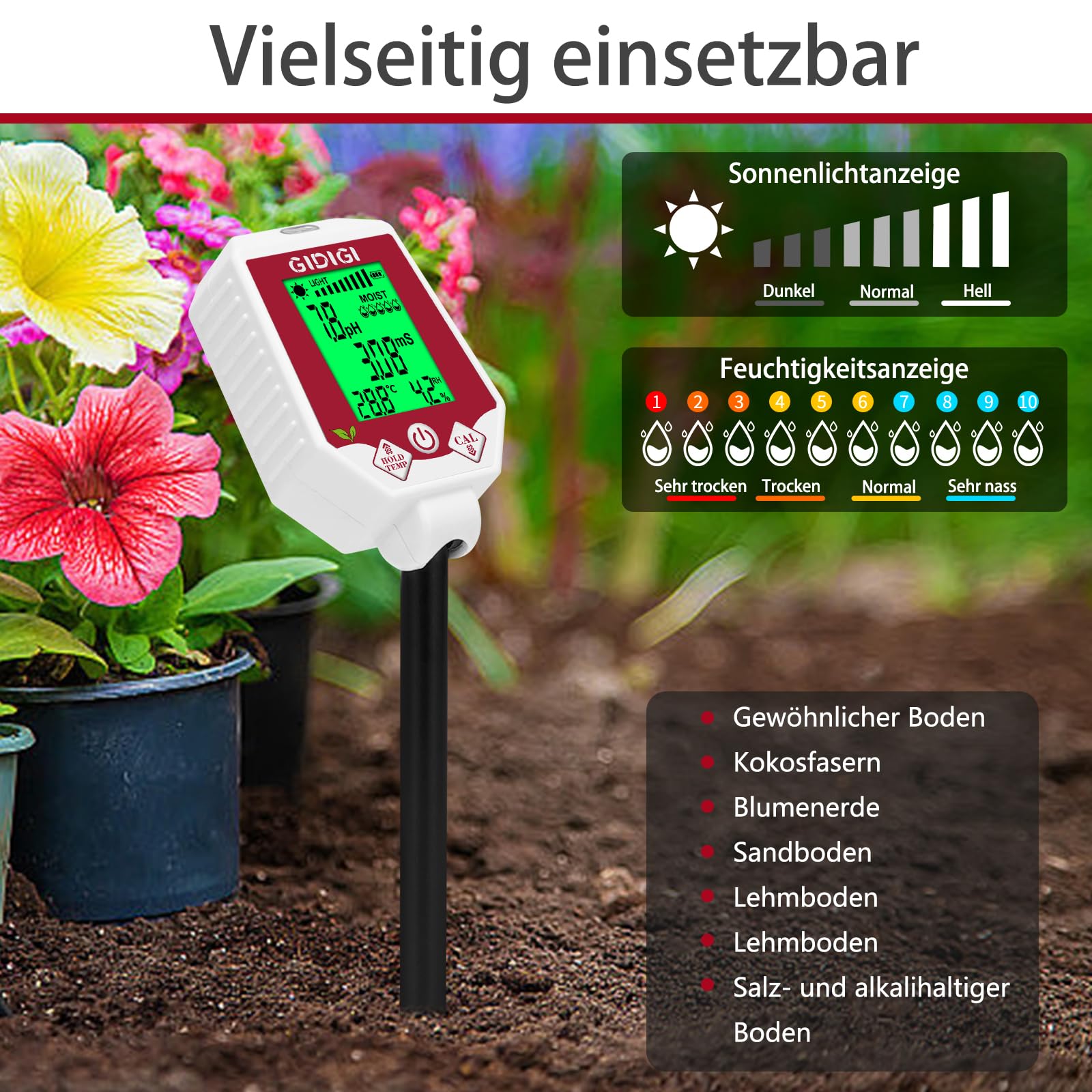 Boden pH Messgerät und Feuchtigkeitstester, 6-in-1 Digitaler Pflanzenbodentester, Boden pH/EC/Sonnenlicht/Bodenthermometer/Luftfeuchte/Bodenfeuchtigkeitsmessgerät für Gartenpflanzen