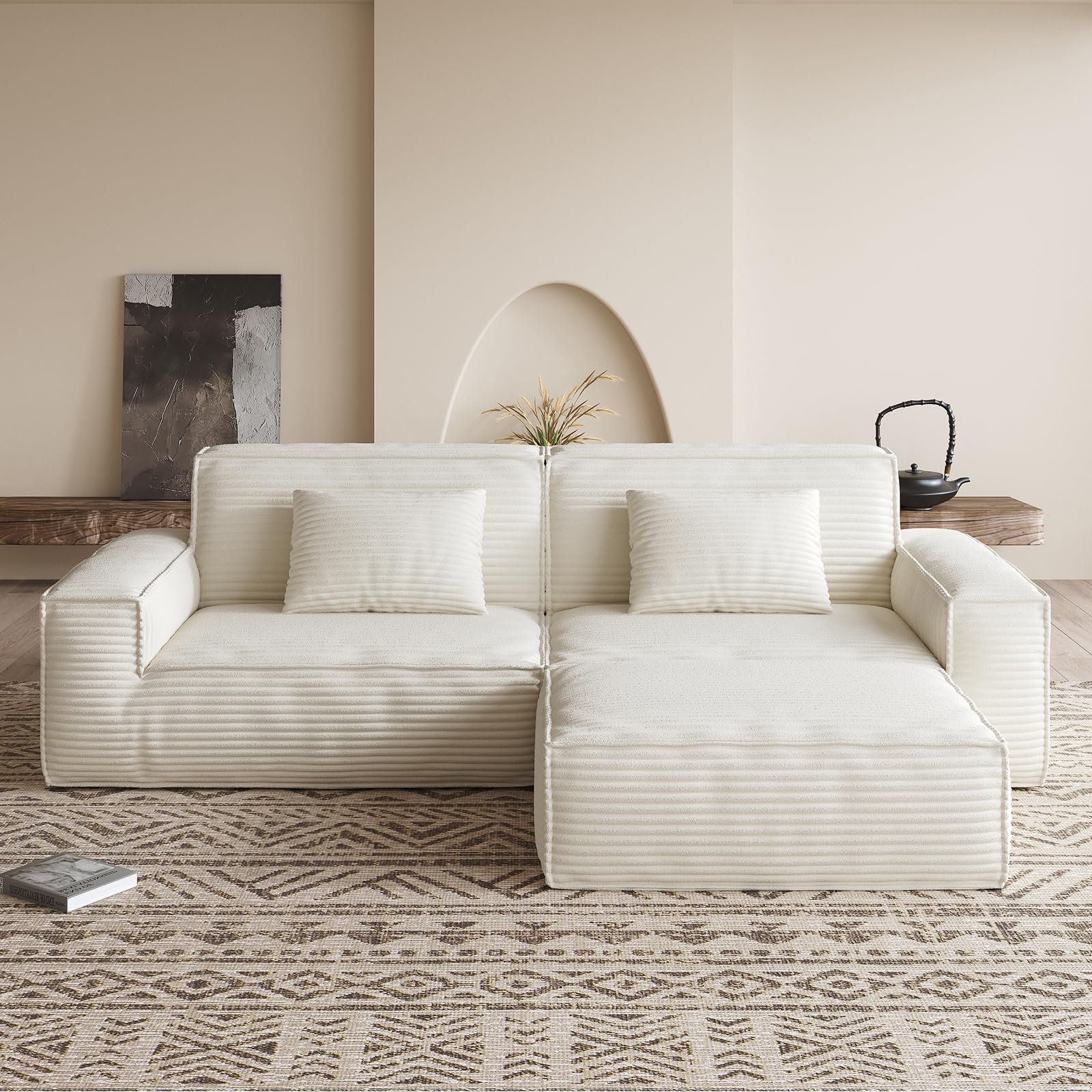 - 106.3" Cloud Sectional Couch L-Shape Couch with Ottoman, Modular Sectional Sofa for Living Room Bedroom and Upholstered Couches for Apartment, Soft Corduroy Fabric, No Assembly Required, Oversized | Living Room, No Assembly Required
