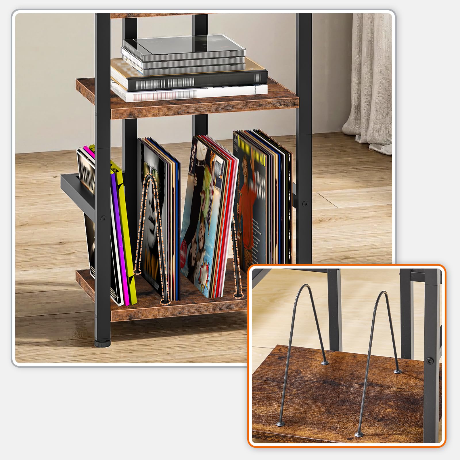 HOOBRO Meuble Tourne-Disque Style Vintage, Rangement Vinyles 4 Niveaux, Étagère Média pour Équipement Audio, Meuble Audio, Hauteur 39 x 28 x 76 cm, pour Salon, Marron Rustique et Noir EBF42CJ01