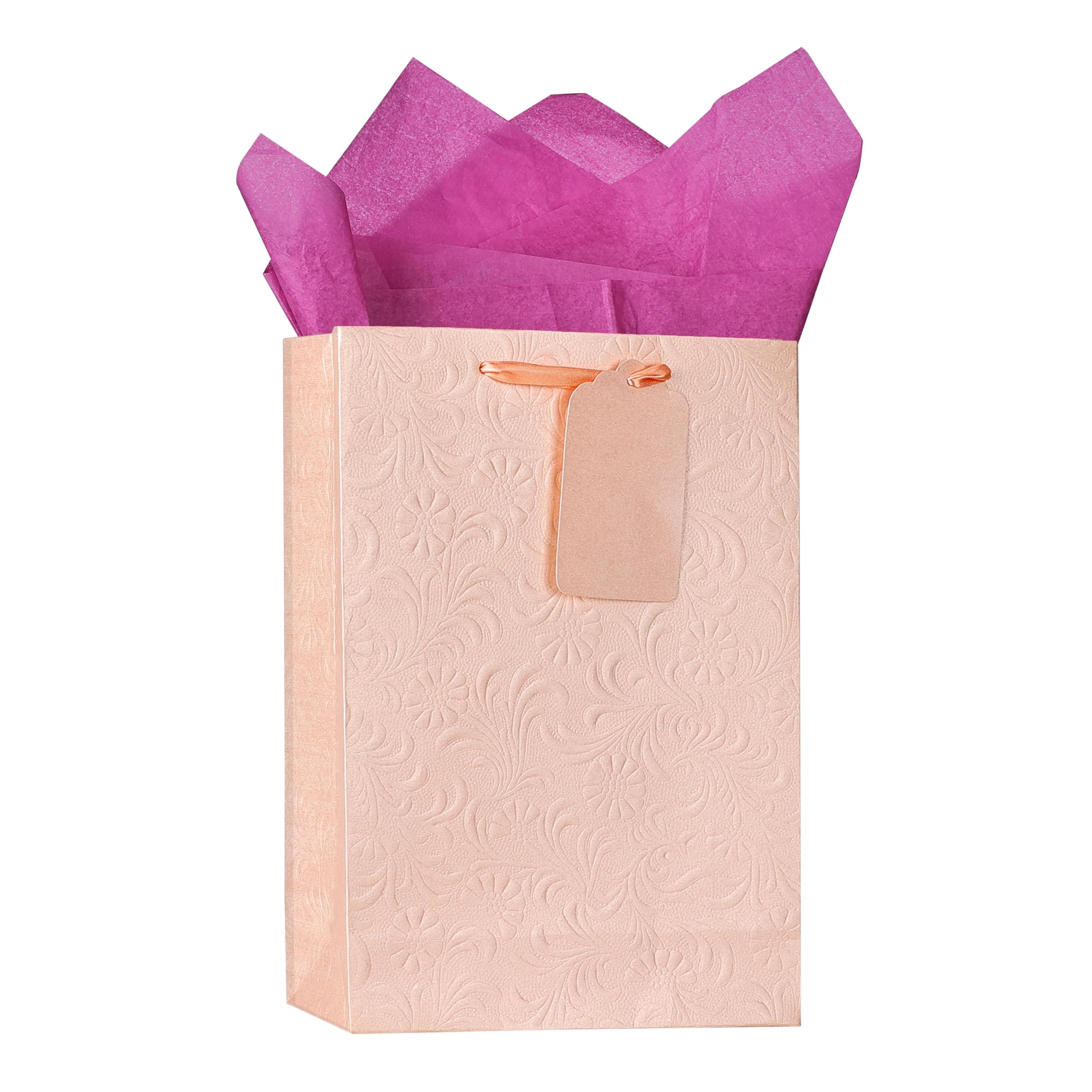 KidsyWinsy Pack Of 5 Pastel Pink Gift Bag (Medium,8.65 * 3 * 12 Inches) With Tissue & Thank You Card - Paper Gift Bags | Return Gift Bags For Valentine's Day, Baby Shower, Festive Gifting, Birthday, Wedding