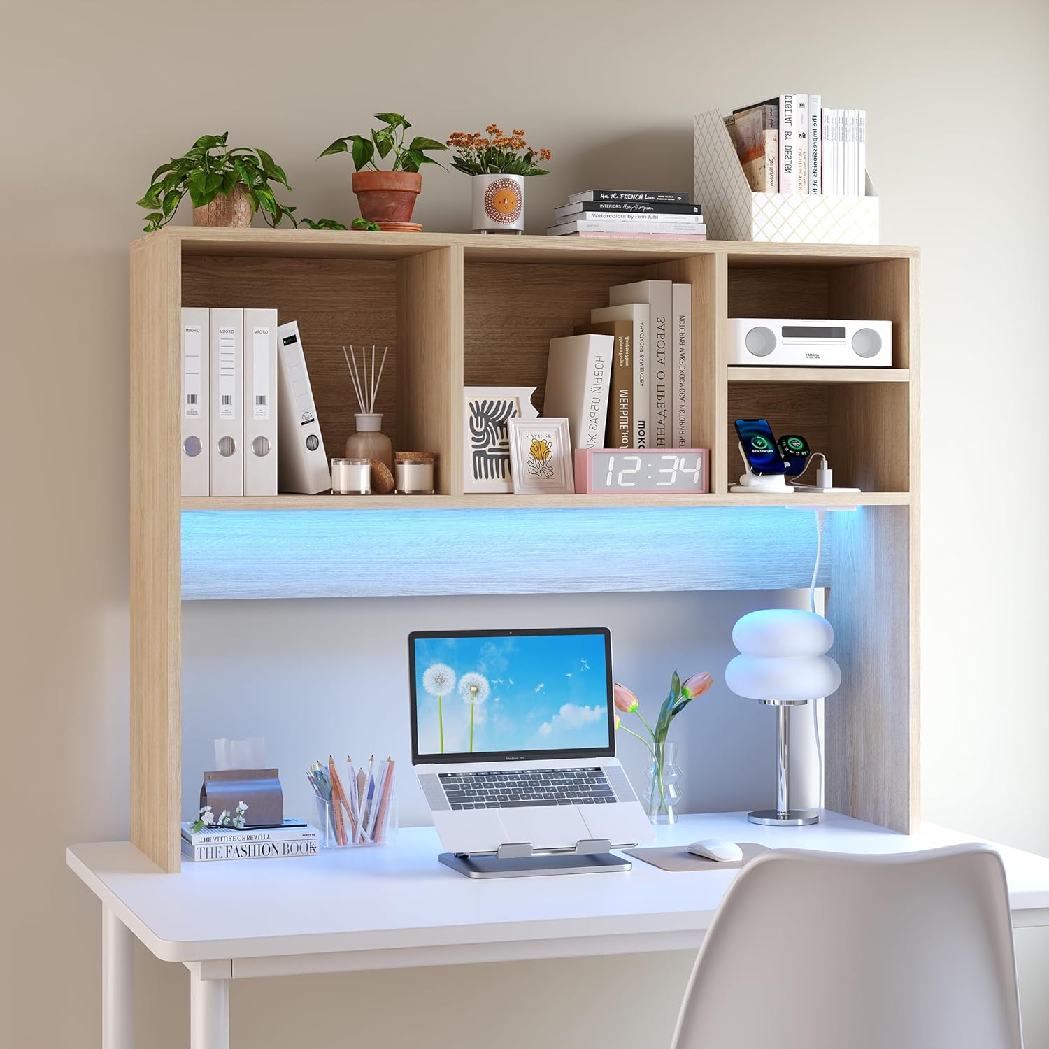 DreamDashio Desktop Bookshelf Organizer with Outlet & RGB Light, 2-Tier Multipurpose Wood Desk Hutch for Gaming, Home Office, Dorm, Oak White