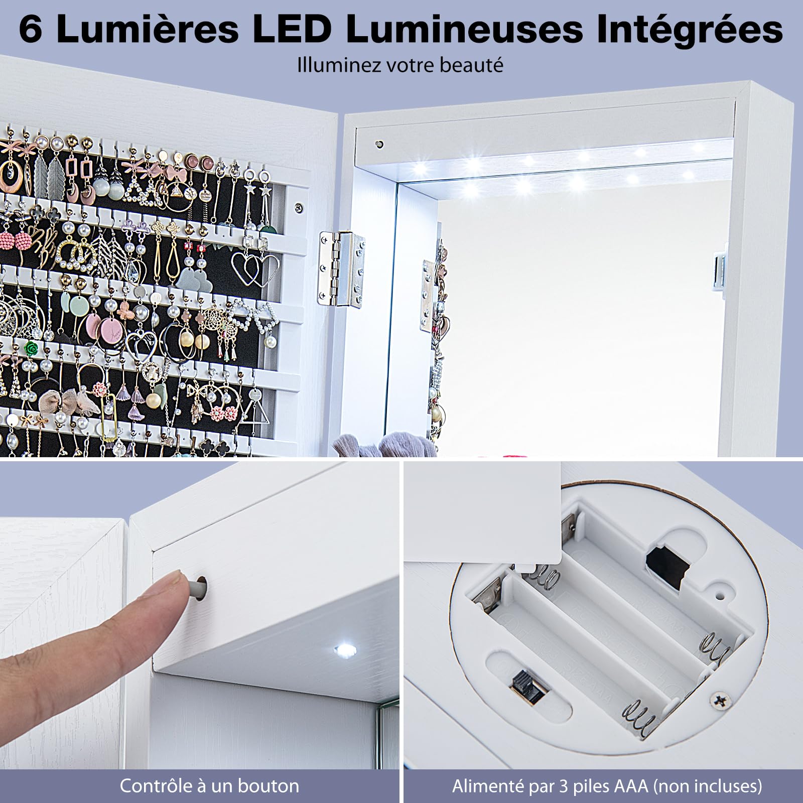 RELAX4LIFE Armoire à Bijoux Pivotante à 360ºavec Miroir Pleine Longueur, Miroir Bijoux sur Pied LED avec Support Sèche-Cheveux, Grand Tiroir, 3 Étagères pour Rangement Bijoux (Blanc)
