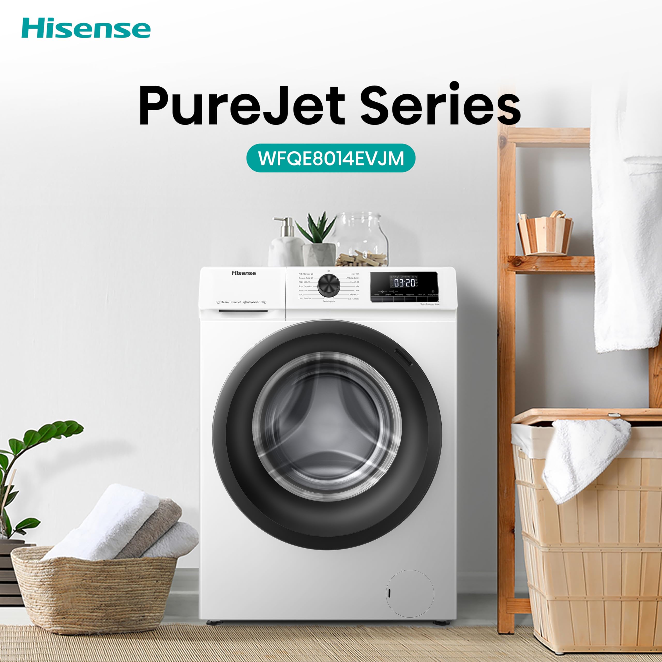 Hisense WFQE8014EVJM Lavadora 8 Kg, 1400 rpm, 15 Programas Automáticos, Vapor, Motor Inverter, Clase Eficiencia Lavado A, Pantalla LED, Programa Rápido, PureJet, Blanco