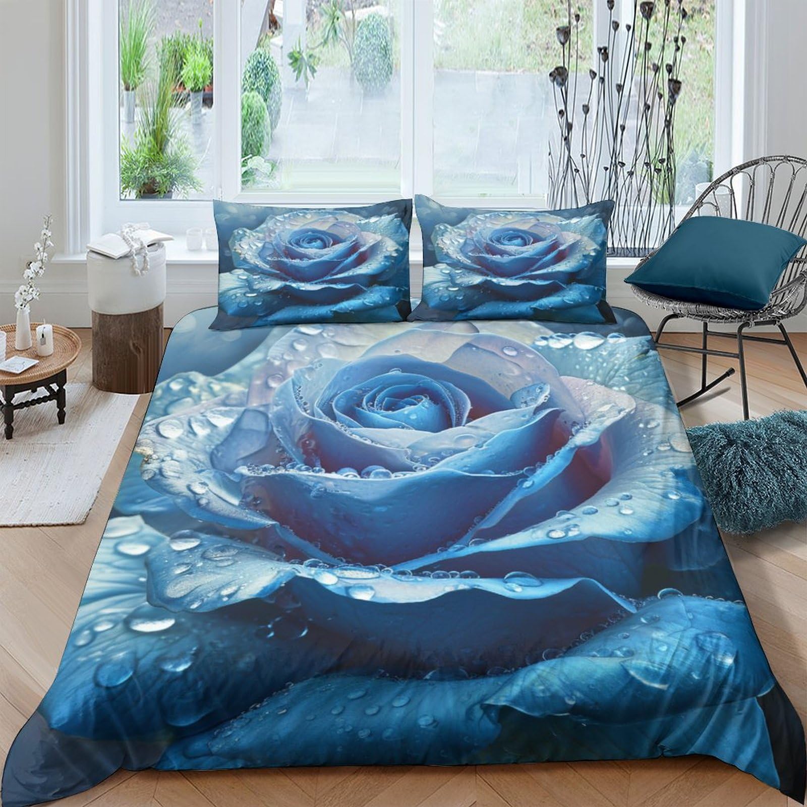 Housses de couettes imprimées 3D fleurs bleues avec taies d'oreiller