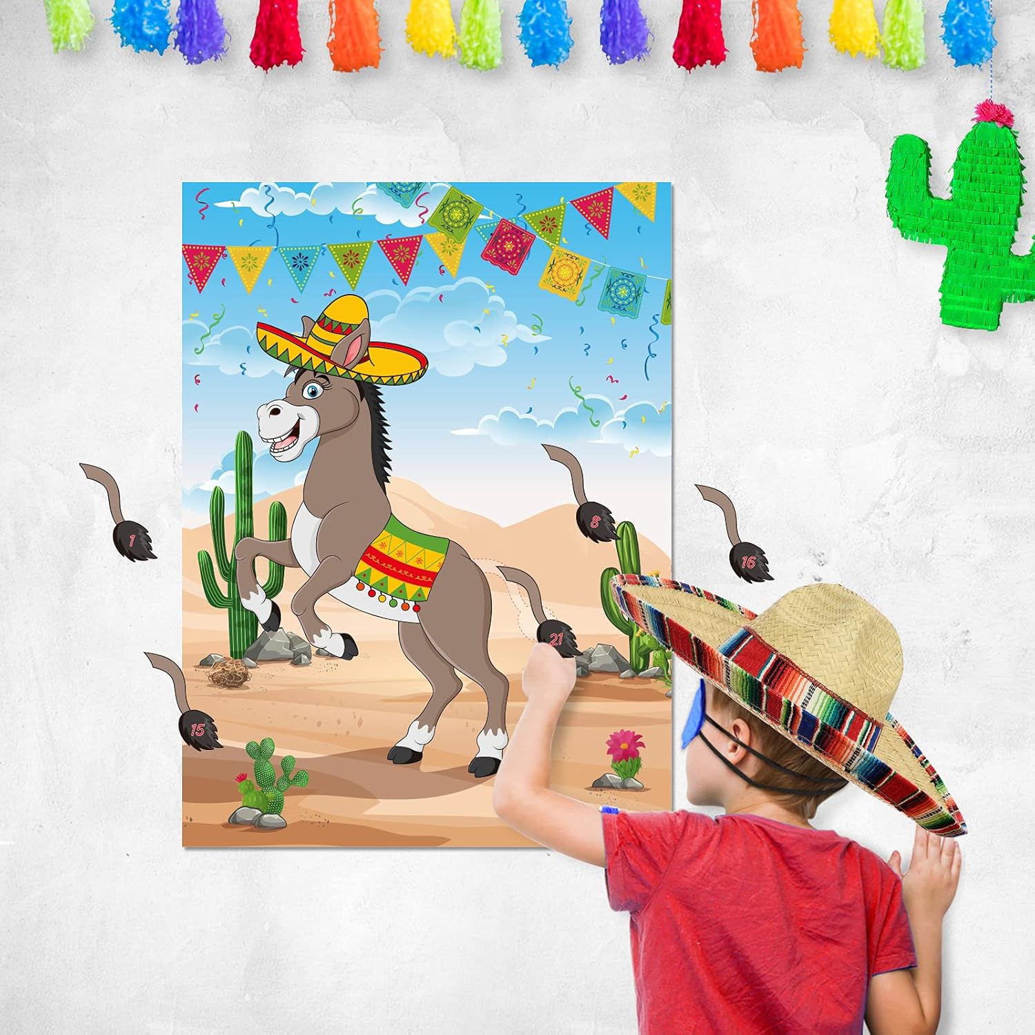 FEPITO KUUQA Pin the Tail on the Donkey Party Game, Mexican Donkey Party Supplies, Birthday Party Decorations, Mexican Fiesta Party Decorations