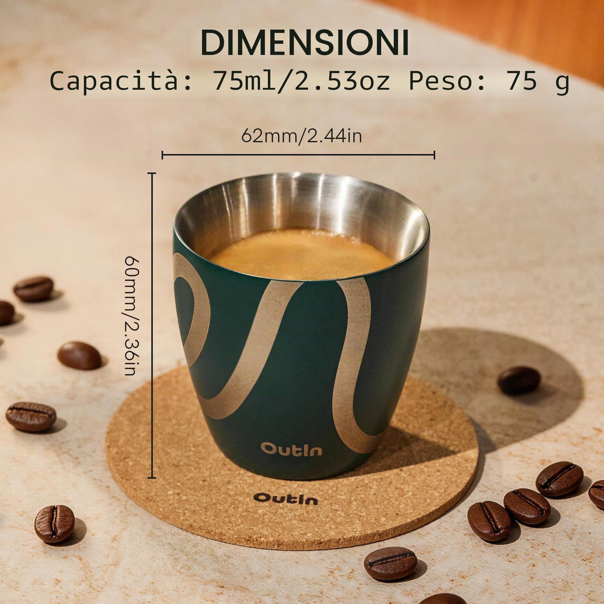 OutIn Set di 2 Tazze da Espresso, Doppia Parete Isolante 75ml in Acciaio Inossidabile, Bicchierini da Shot Portatili per Campeggio, Compatibili con le Macchine da Caffè OutIn