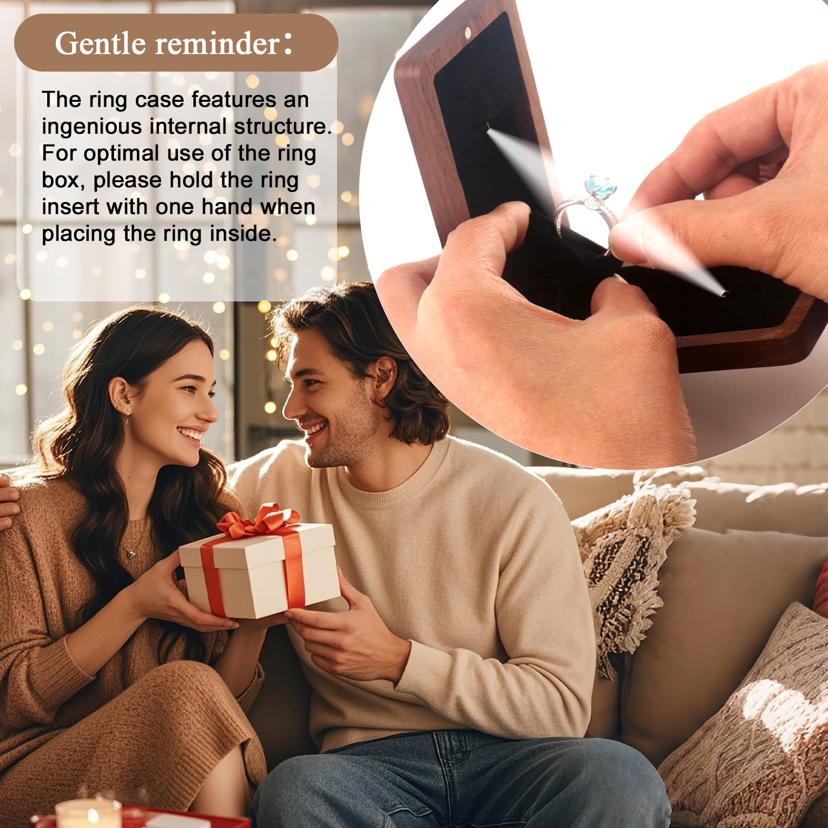 Scatola per anelli di fidanzamento in legno per proposta di San Valentino, scatola regalo rotante in legno per fedi nuziali, scatola regalo con luce a LED, confezione regalo (rovere bianco)