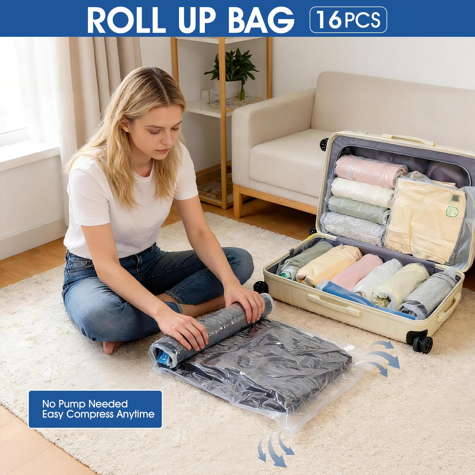 AROIC Set di 50 sacchetti sottovuoto salvaspazio per vestiti, coperte, conservazione stagionale con pompa elettrica, sacchetti sottovuoto per bagagli, accessori da viaggio e organizzazione della casa