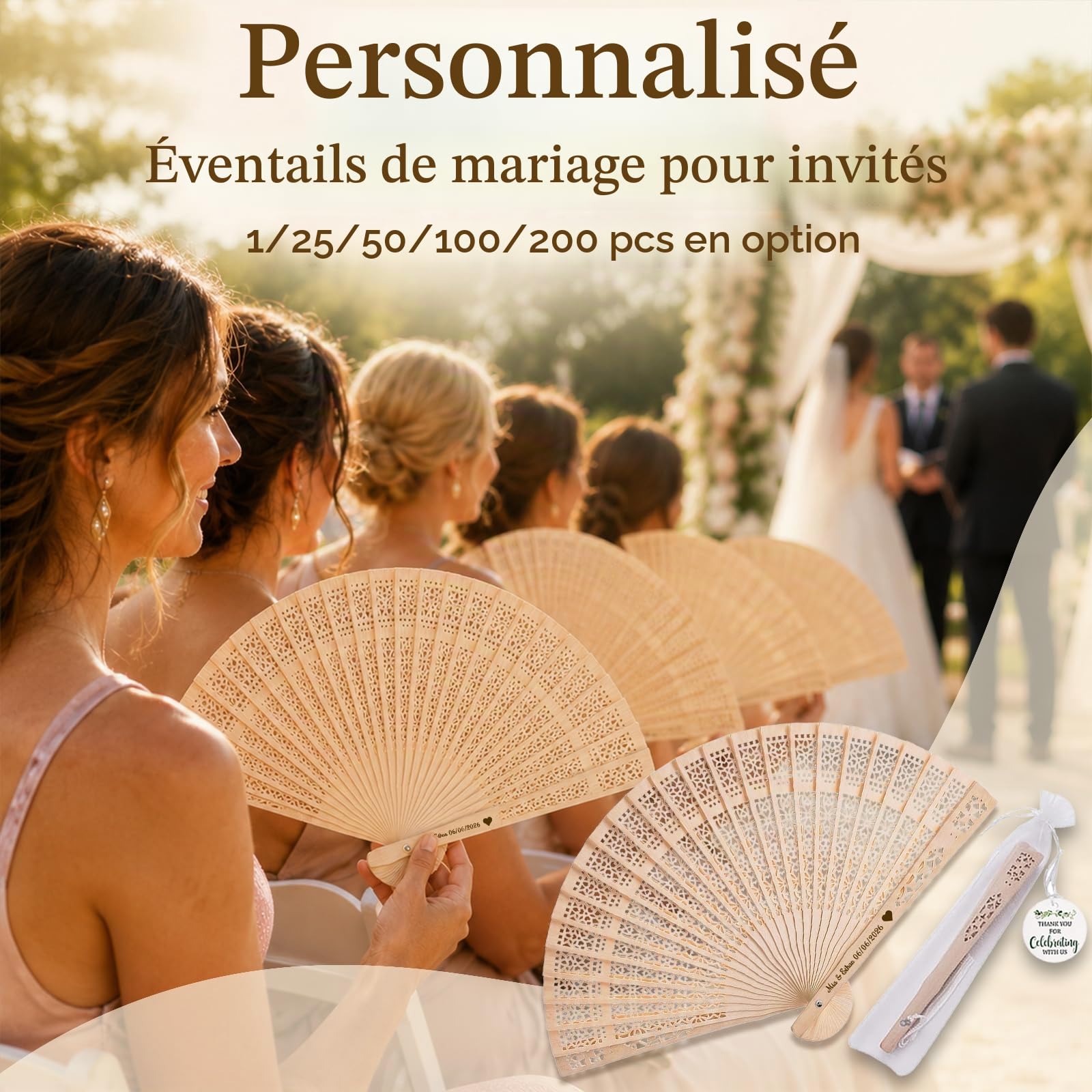 Lot de 50 Eventail Mariage Personnalisable,Éventail Personnalisable | Evantaille Bois avec Nom Texte ou Date,Cadeaux Invités Mariage,Souvenirs EVJF,Baby Shower,Décoration Cérémonie Fêtes d'Été