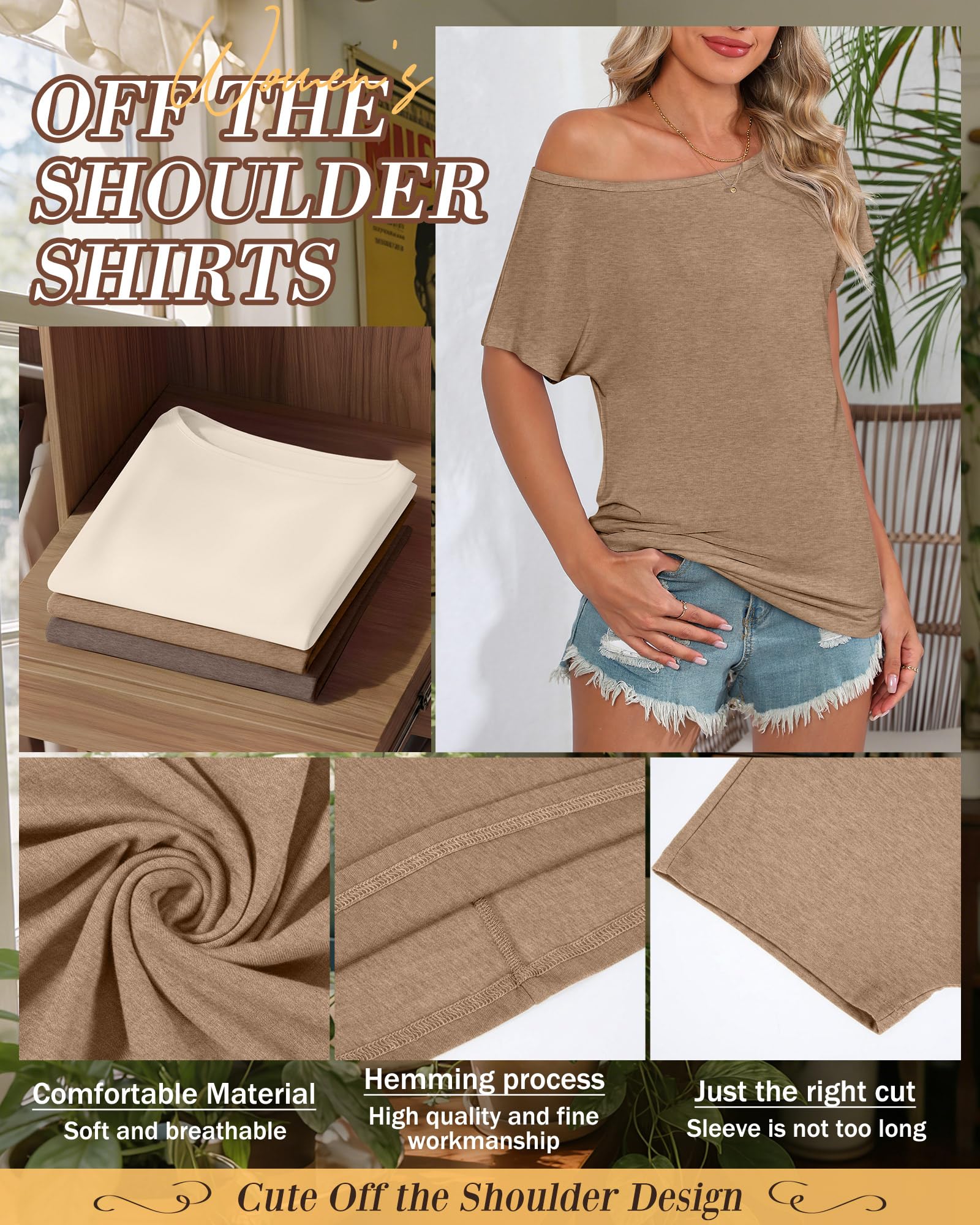 Riyiper Paquete de 3 Camisetas de Mujer con Hombros Descubiertos, Blusas holgadas y fluidas de Manga Corta, Camisetas Verano