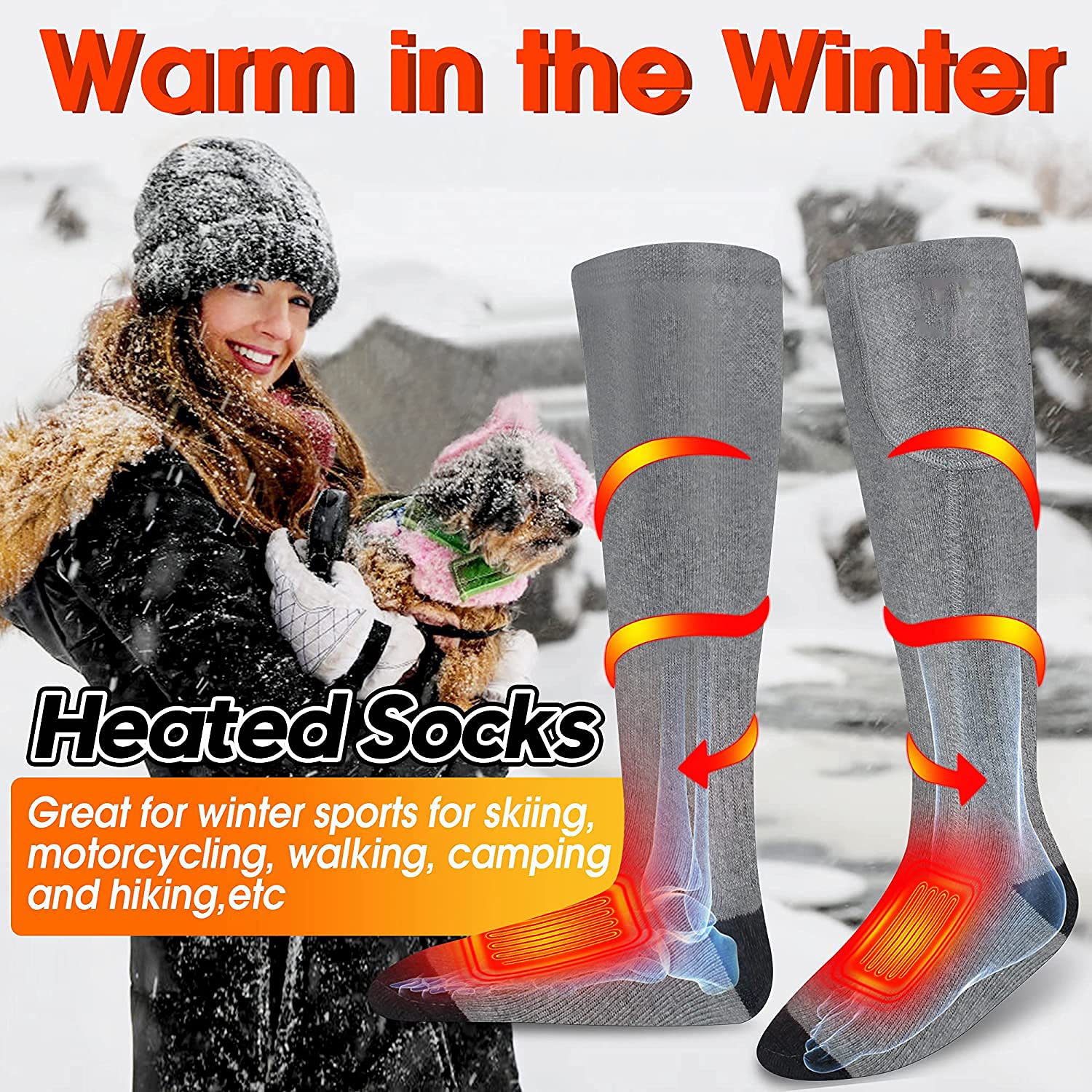 Chaussettes chauffantes pour Hommes et Femmes, 3 réglages de Chauffage Chaussettes chauffantes Thermiques améliorées avec Batterie 4000 mAh Chauffant la Semelle, Le Cou-de-Pied et Le Talon