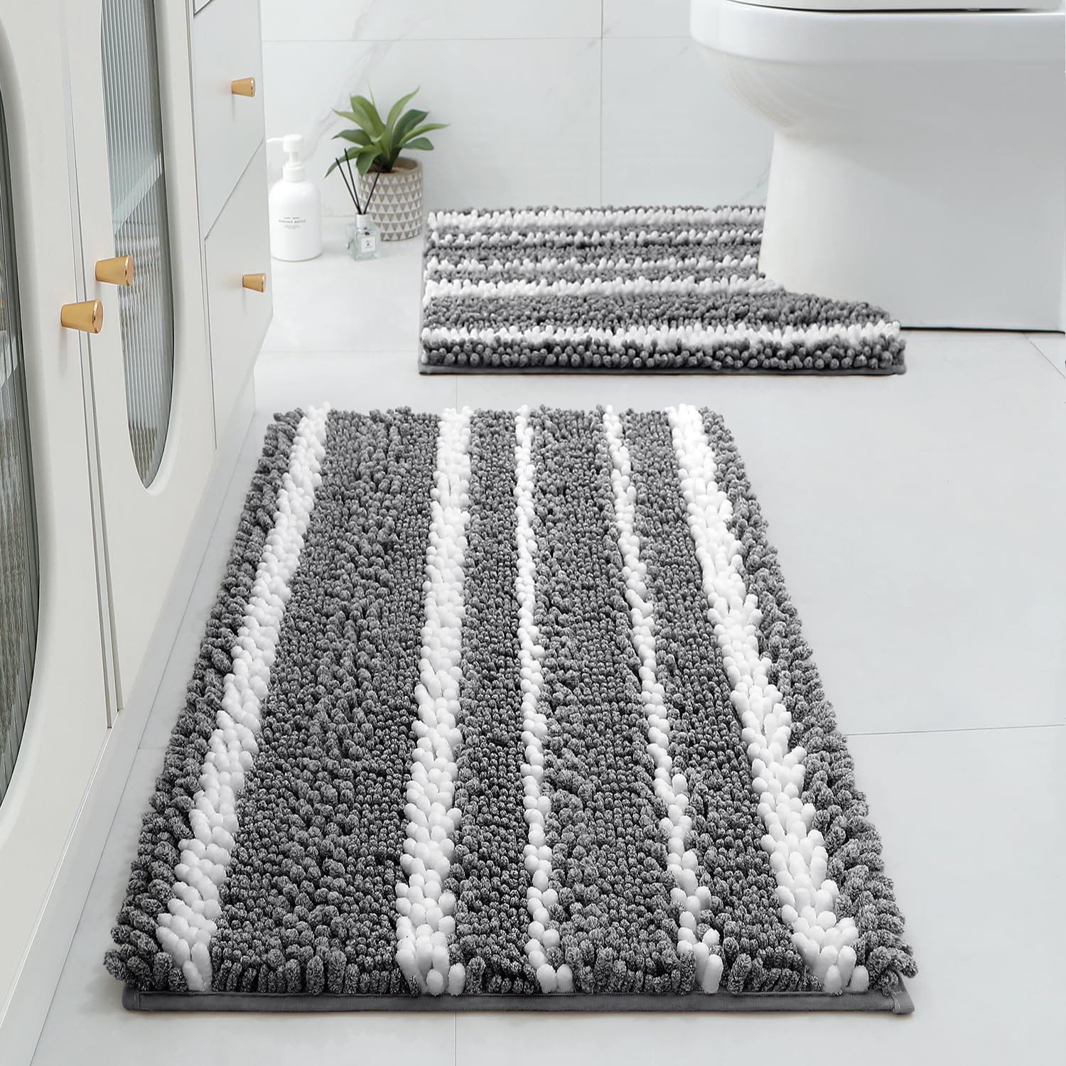 HOMEIDEAS Chenille Bathroom Rugs Sets 2 Piece, Cationic Dyed, Extra Soft Shaggy Absorbent Non-Slip Bath Mats, Machine Washable (32"x20"+U 24"x20",