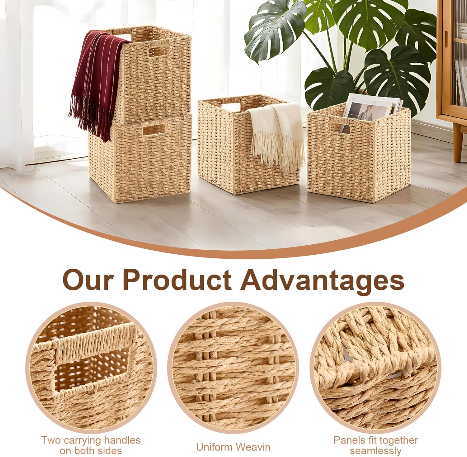 Paper Rope Storage Baskets Set of 4, 11×9.8×11 Inch Foldable Wicker Cube Storage Bins with Metal Frame for Pantry, Bedroom and Home Décor, Natural Color