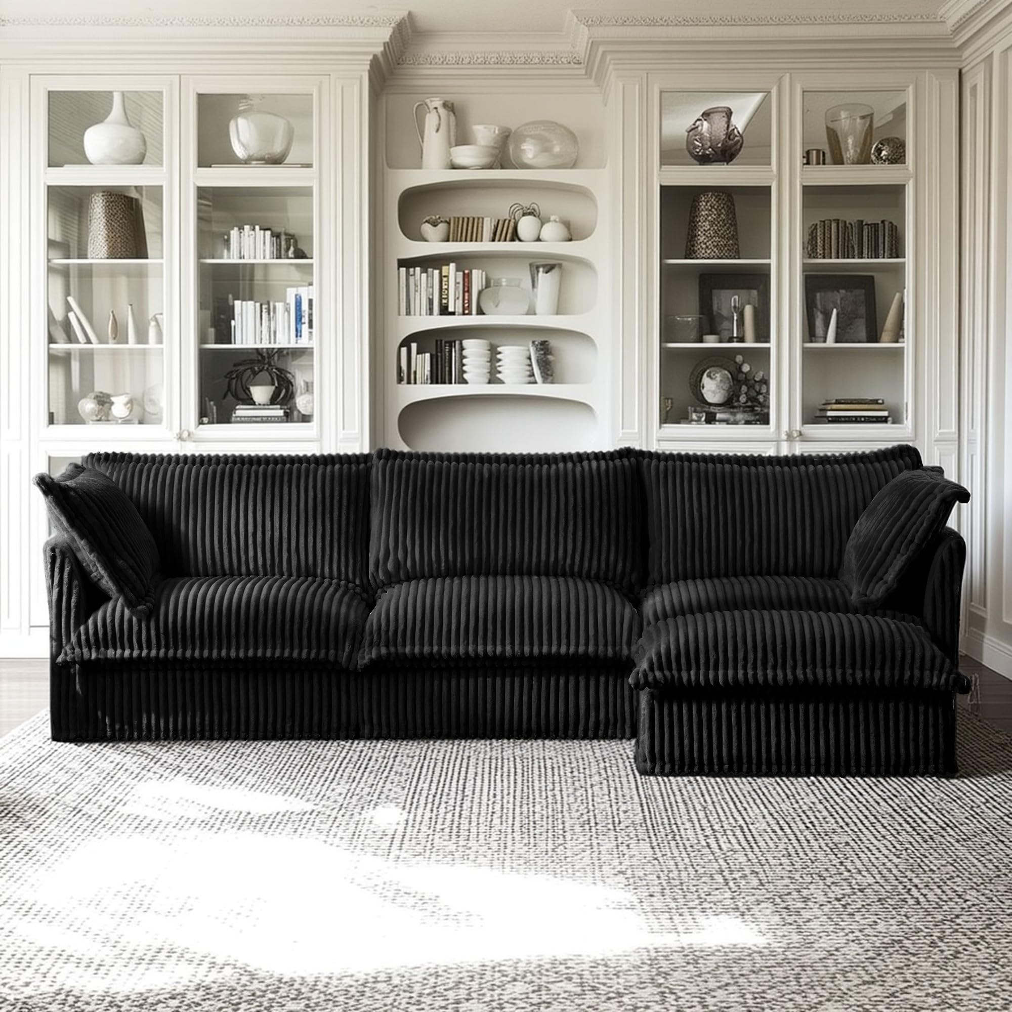 Living Room L-Shaped Sectional Sofa, Comfy Deep Seat Cloud Couch with Convertible Ottoman & 2 Big Pillows, Modern Oversize 3 Seater Slipcovered Sofa Set for Home, Office, Black Corduroy