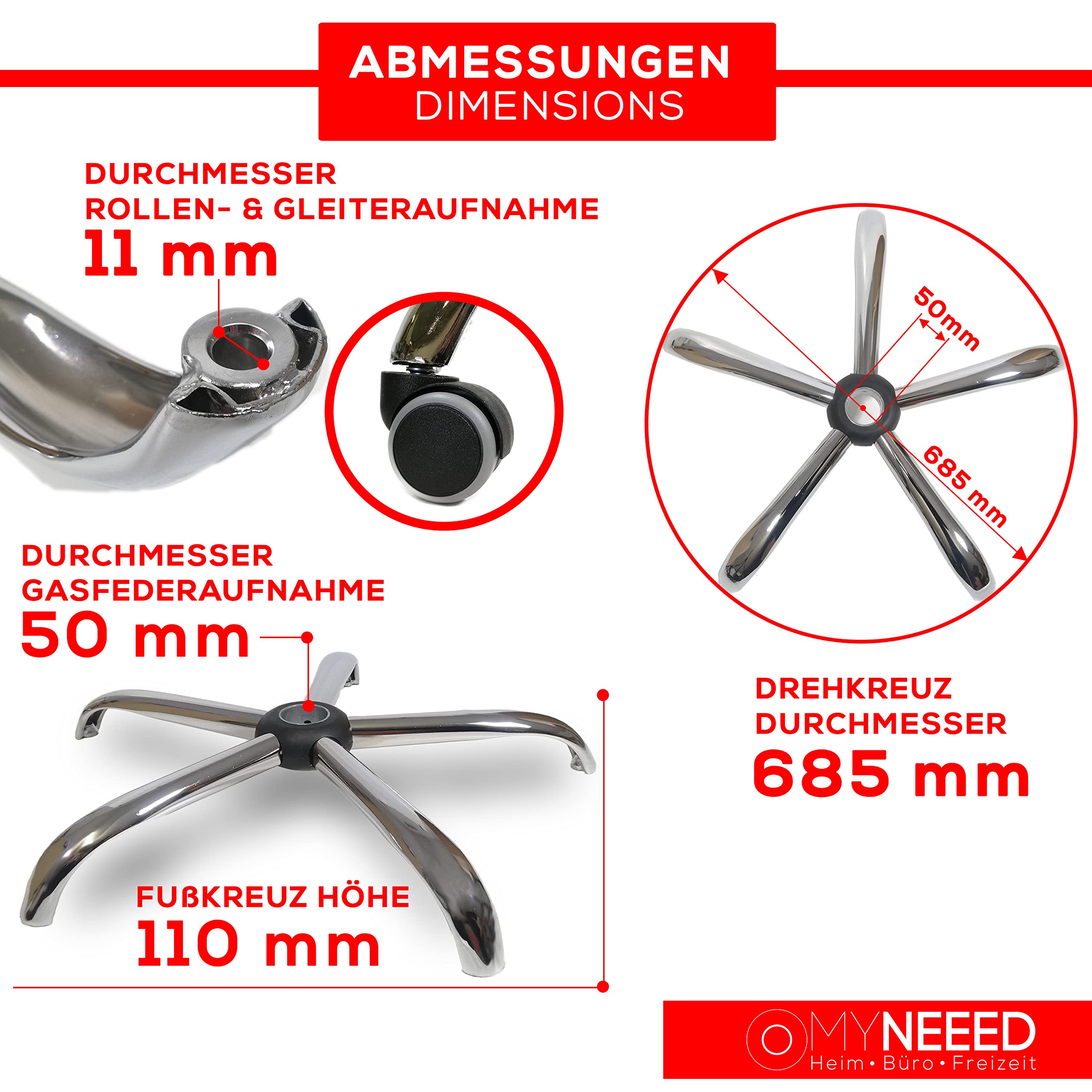 Bürostuhl Fußkreuz aus Stahl in Chrom, Hohe Belastbarkeit, Drehkreuz fuß für Bürostuhl, Geeignet für 11mm x 22mm Rollen und 50mm Gasfeder, Gaming Stuhl Ersatzteil